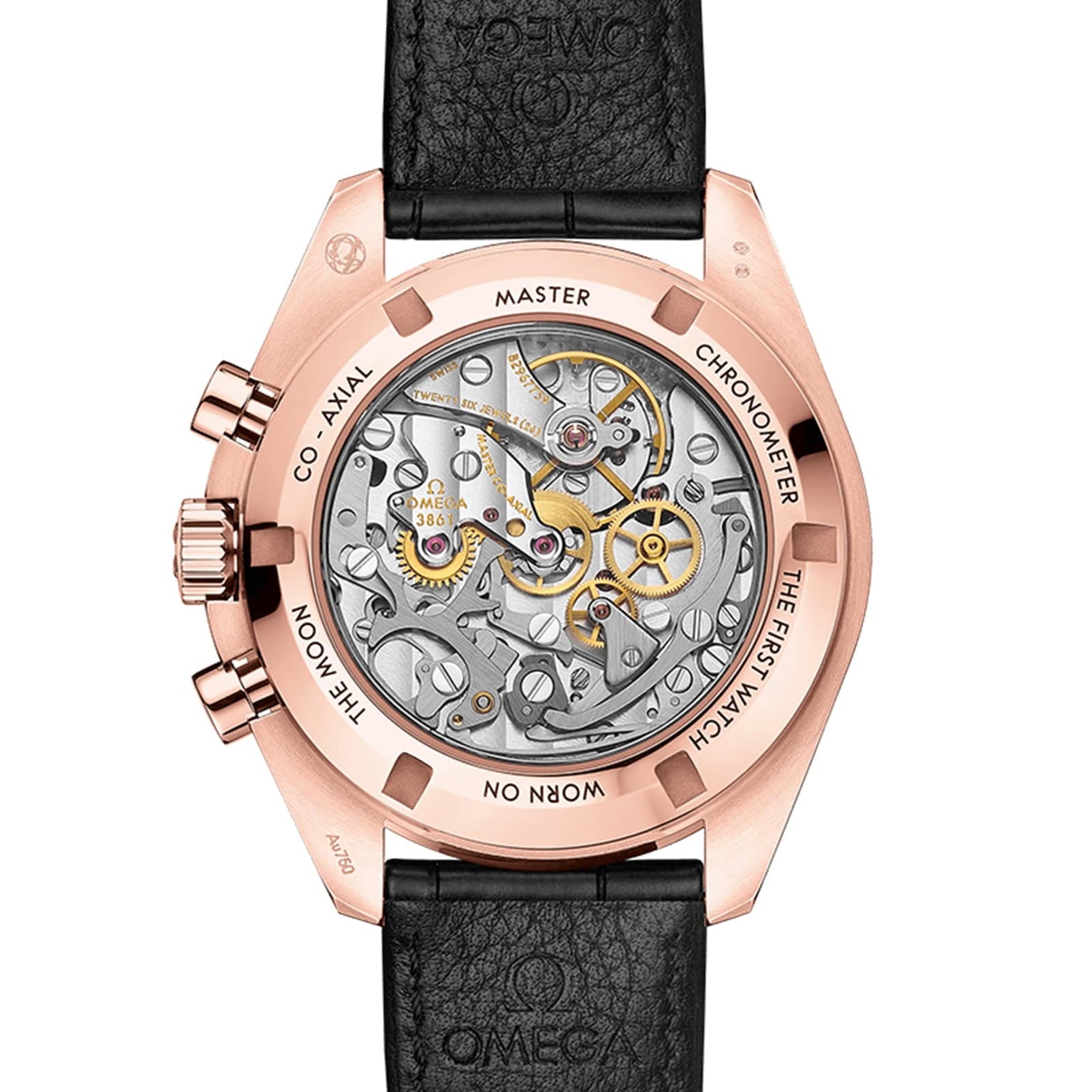 The back of an OMEGA Speedmaster Moonwatch Professional showcases the detailed 3861 calibre through a transparent case, with engraved text encircling the 18K Sedna™ gold frame.