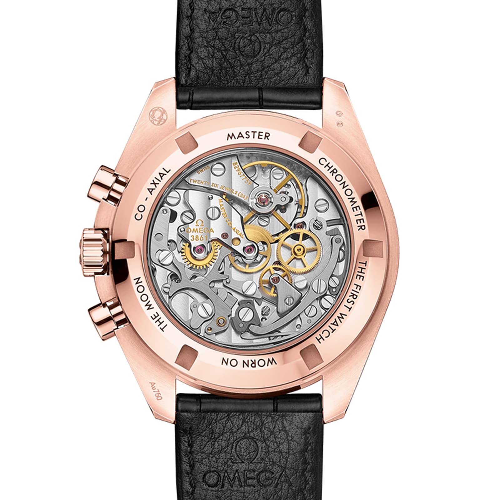 The back of an OMEGA Speedmaster Moonwatch Professional showcases the detailed 3861 calibre through a transparent case, with engraved text encircling the 18K Sedna™ gold frame.