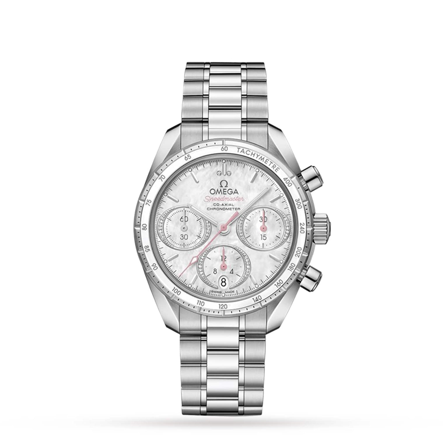 The OMEGA Speedmaster 38 is a silver chronograph wristwatch with a stainless steel case, metal bracelet, three subdials, tachymeter bezel, and a white textured dial.
