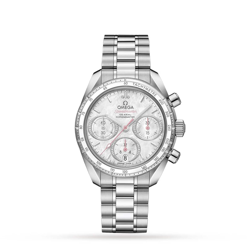 The OMEGA Speedmaster 38 is a silver chronograph wristwatch with a stainless steel case, metal bracelet, three subdials, tachymeter bezel, and a white textured dial.