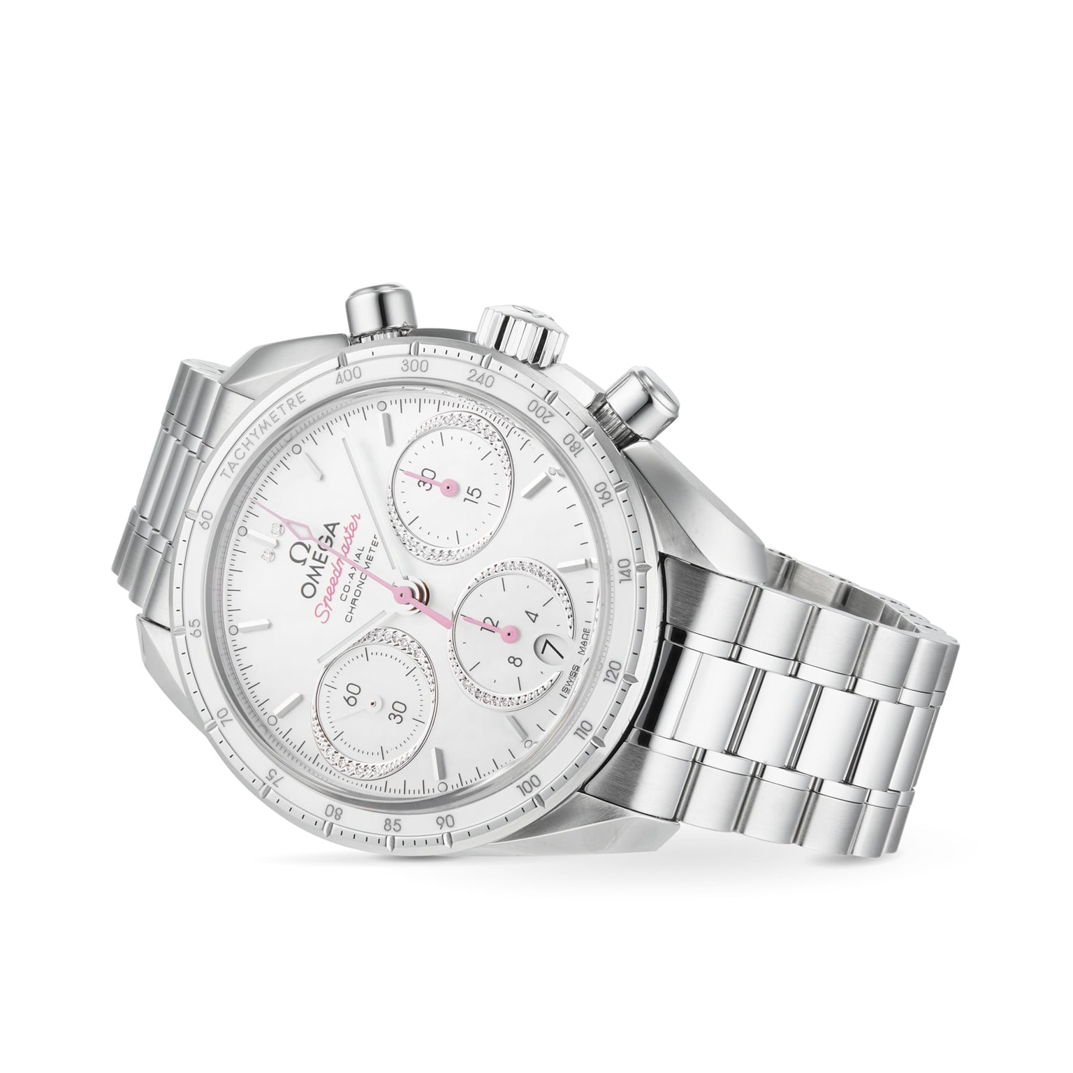 An OMEGA Speedmaster 38 chronograph wristwatch with stainless steel case, silver dial, three subdials, and a link bracelet is shown at an angle on a white background.