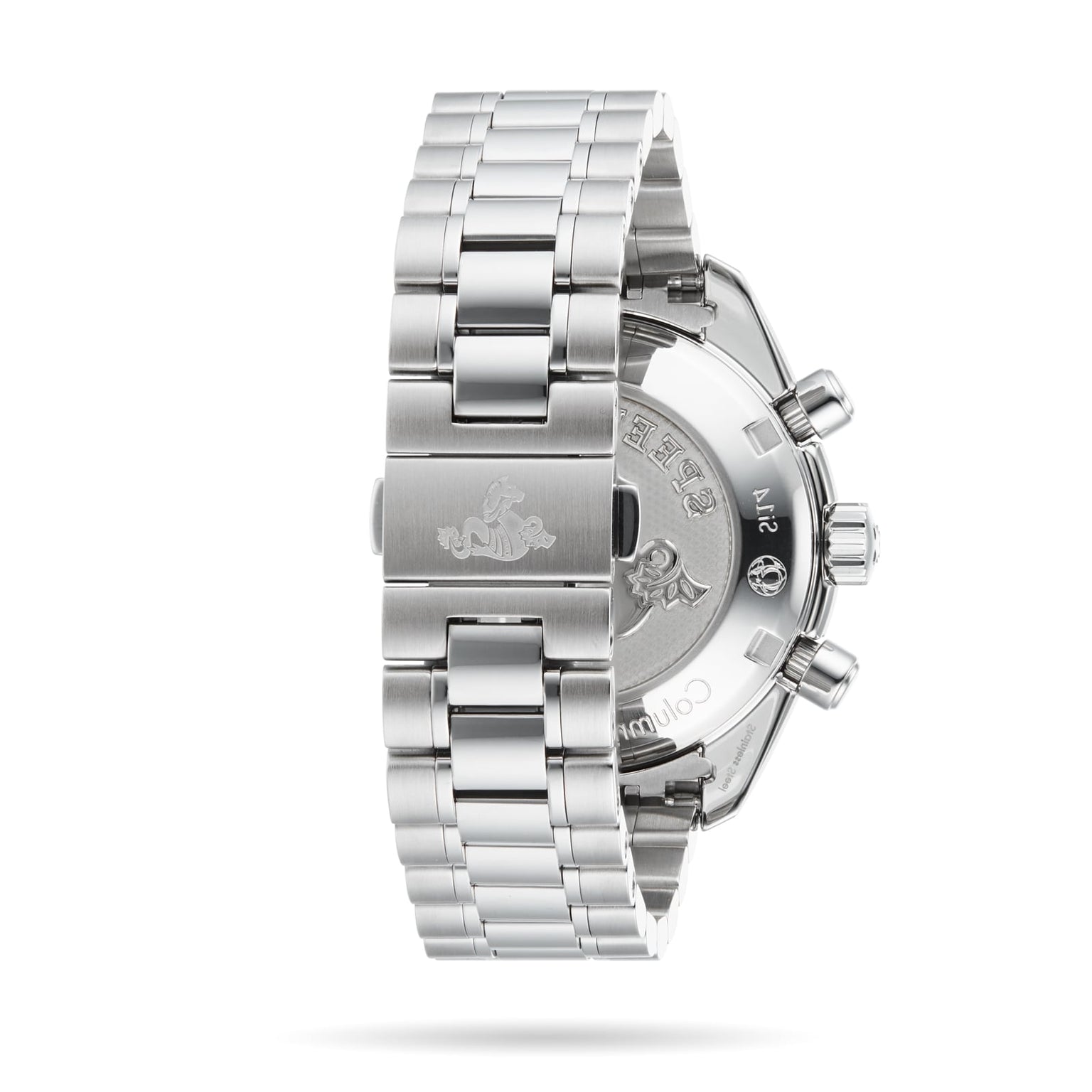 Back view of the OMEGA Speedmaster 38, featuring a stainless steel case, engraved clasp logo, and transparent case back revealing its calibre movement.