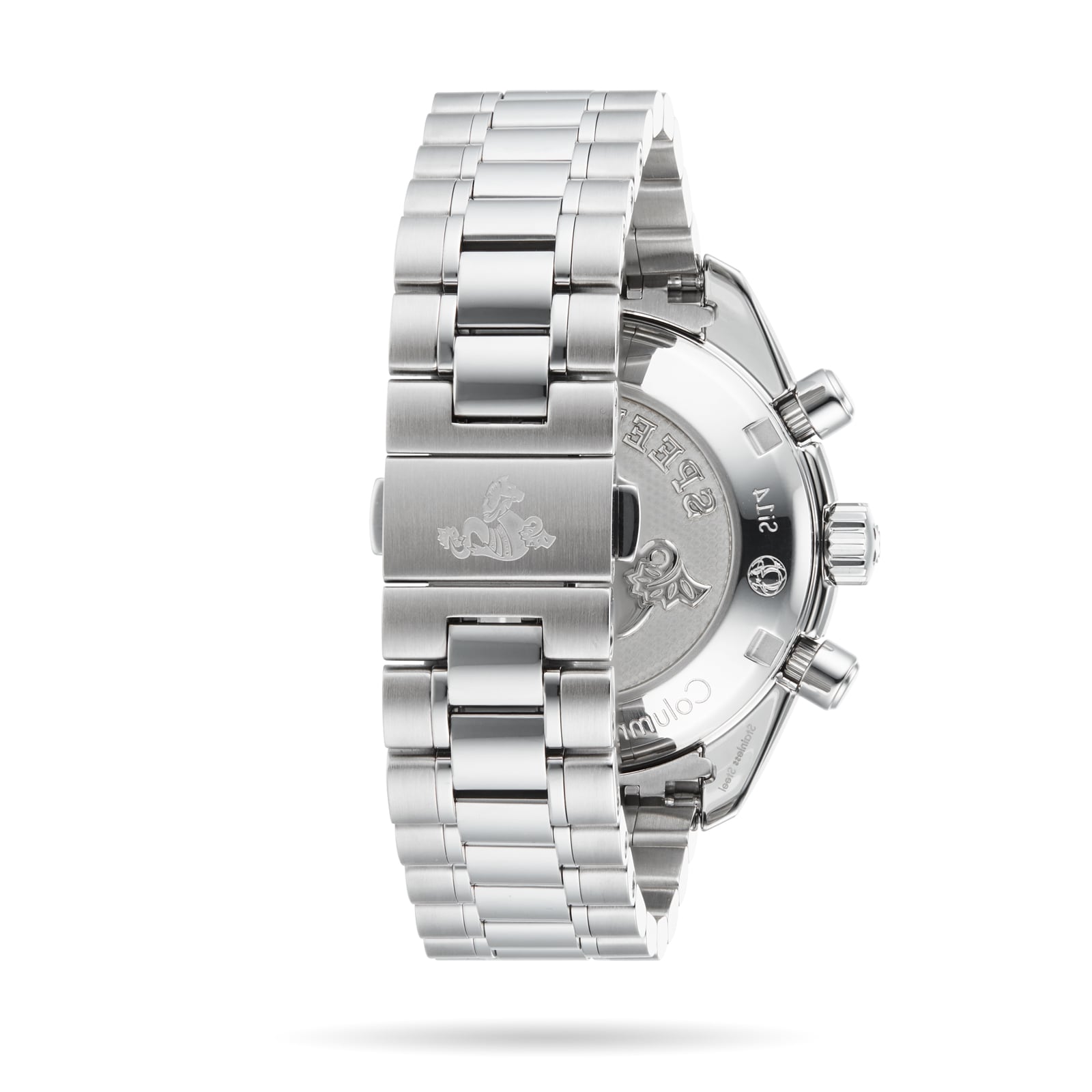 Back view of the OMEGA Speedmaster 38, featuring a stainless steel case, engraved clasp logo, and transparent case back revealing its calibre movement.