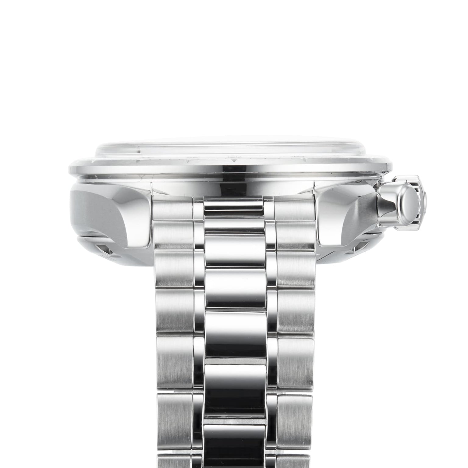 Side view of the OMEGA Speedmaster 38 featuring a stainless steel case, round profile, visible crown, and polished metal link bracelet against a white background.