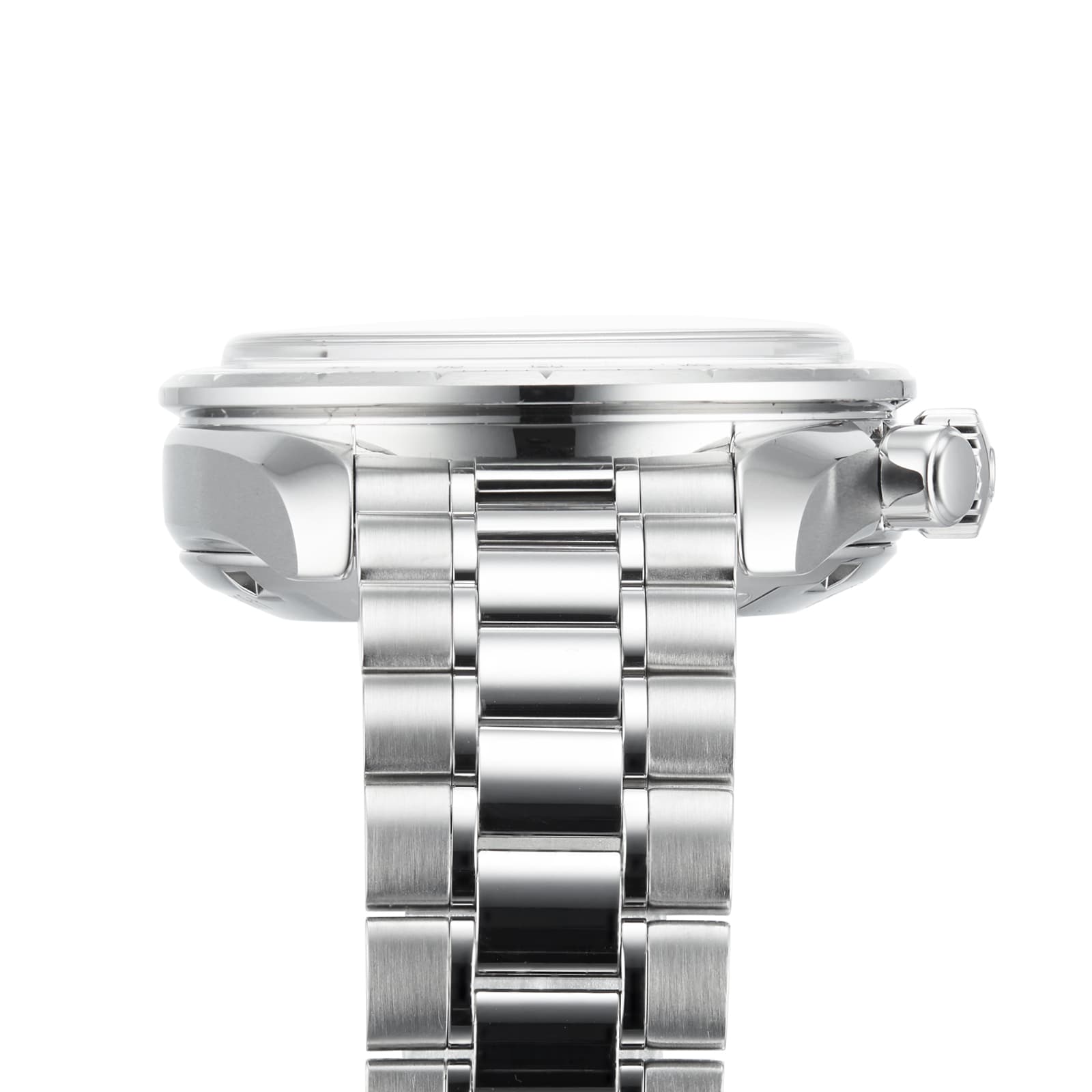 Side view of the OMEGA Speedmaster 38 featuring a stainless steel case, round profile, visible crown, and polished metal link bracelet against a white background.