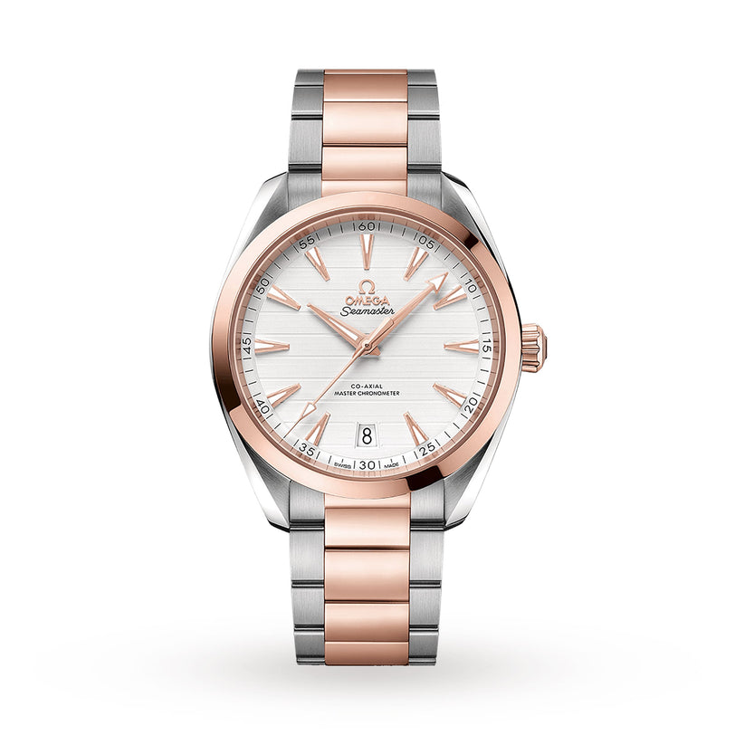 The OMEGA Seamaster Aqua Terra 150M wristwatch features a silver dial, Sedna™ gold accents, and a date display at 6 o’clock, displayed on a white background.
