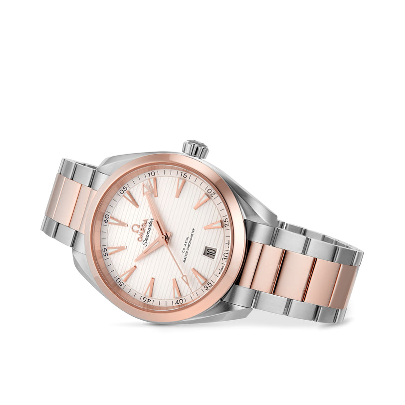 The OMEGA Seamaster Aqua Terra 150M features a two-tone silver and Sedna™ gold metal band, matching bezel, light dial with rose gold hour markers, and a date display at 3 oclock.