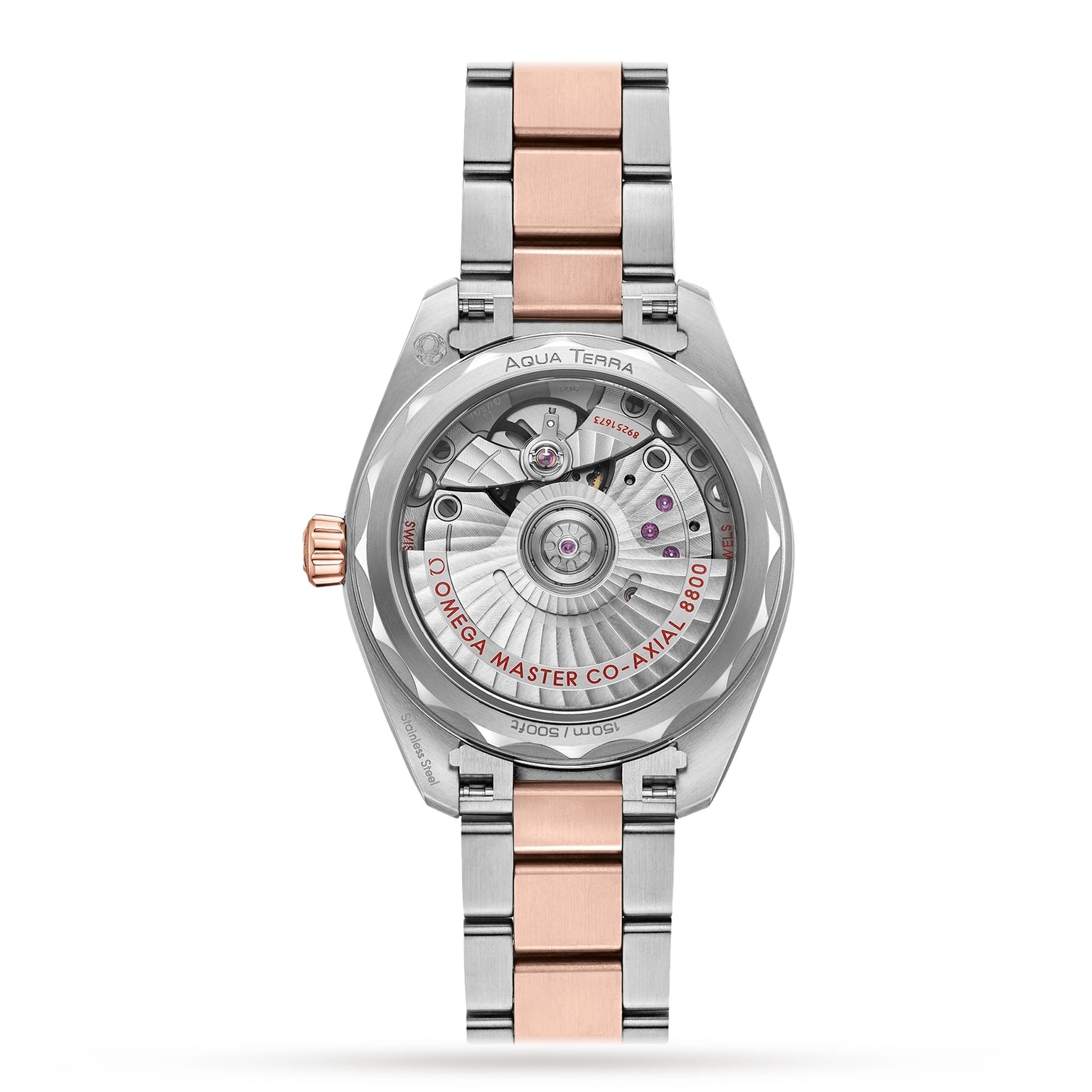 The back view of the OMEGA Seamaster Aqua Terra 150M shows its automatic movement through a transparent case back.