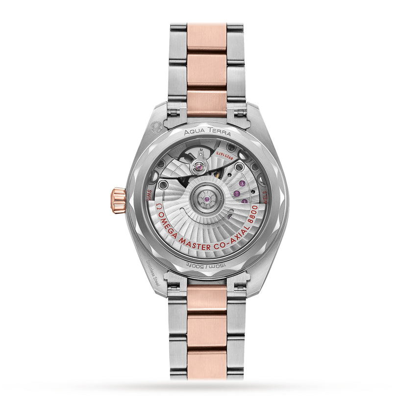 The back view of the OMEGA Seamaster Aqua Terra 150M shows its automatic movement through a transparent case back.