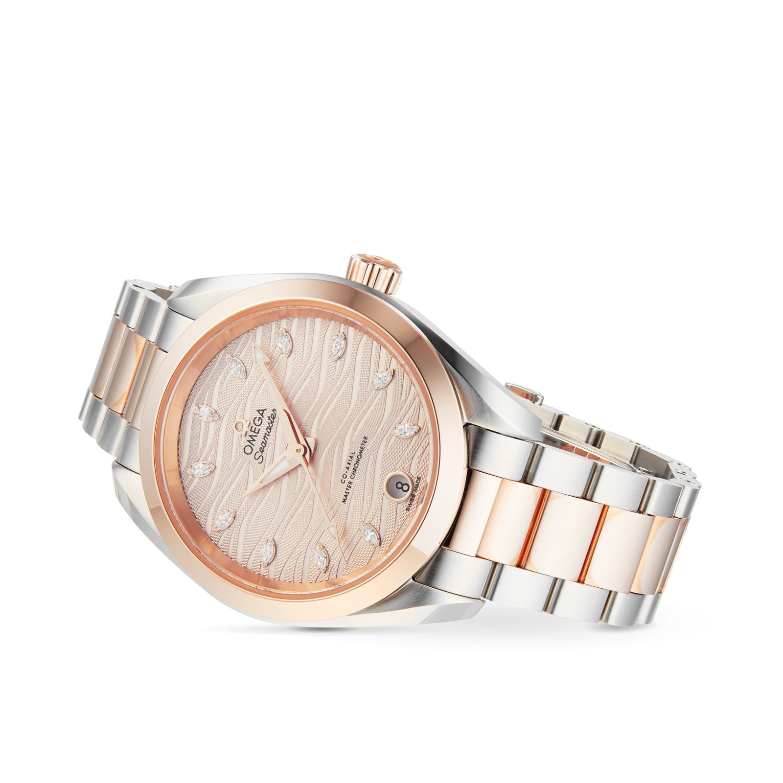 The OMEGA Seamaster Aqua Terra 150M is a two-tone wristwatch with a patterned beige dial, rose gold bezel, metal bracelet, and a date window at 6 o’clock.