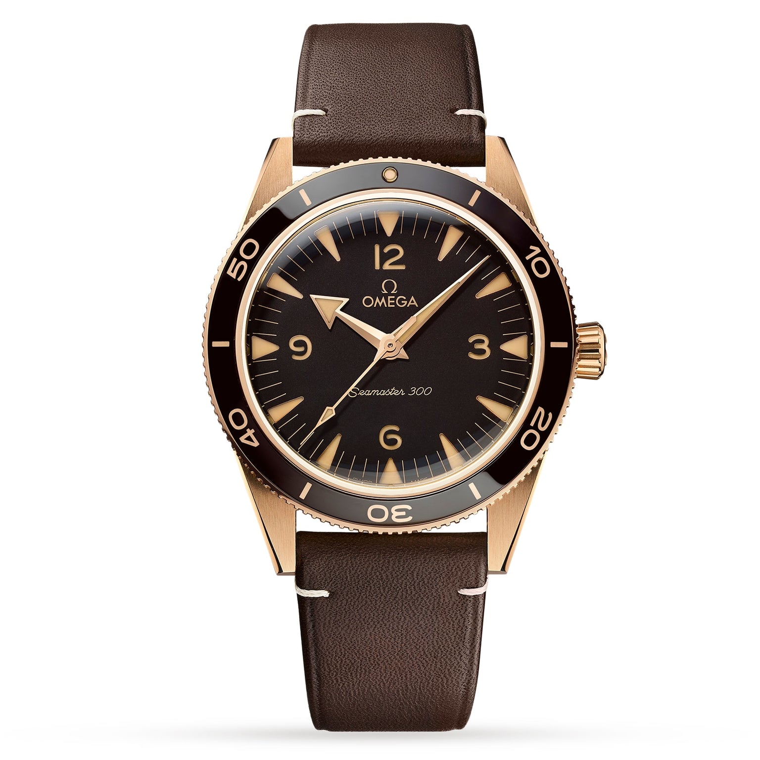 The OMEGA Seamaster 300 features a bronze gold case, black bezel and dial with gold hour markers and hands, and a brown leather strap. It is certified as an OMEGA Co-Axial Master Chronometer for outstanding precision.