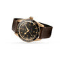 An OMEGA Seamaster 300 wristwatch with a bronze gold case, black dial, gold markers, and dark leather strap is photographed on a white background.