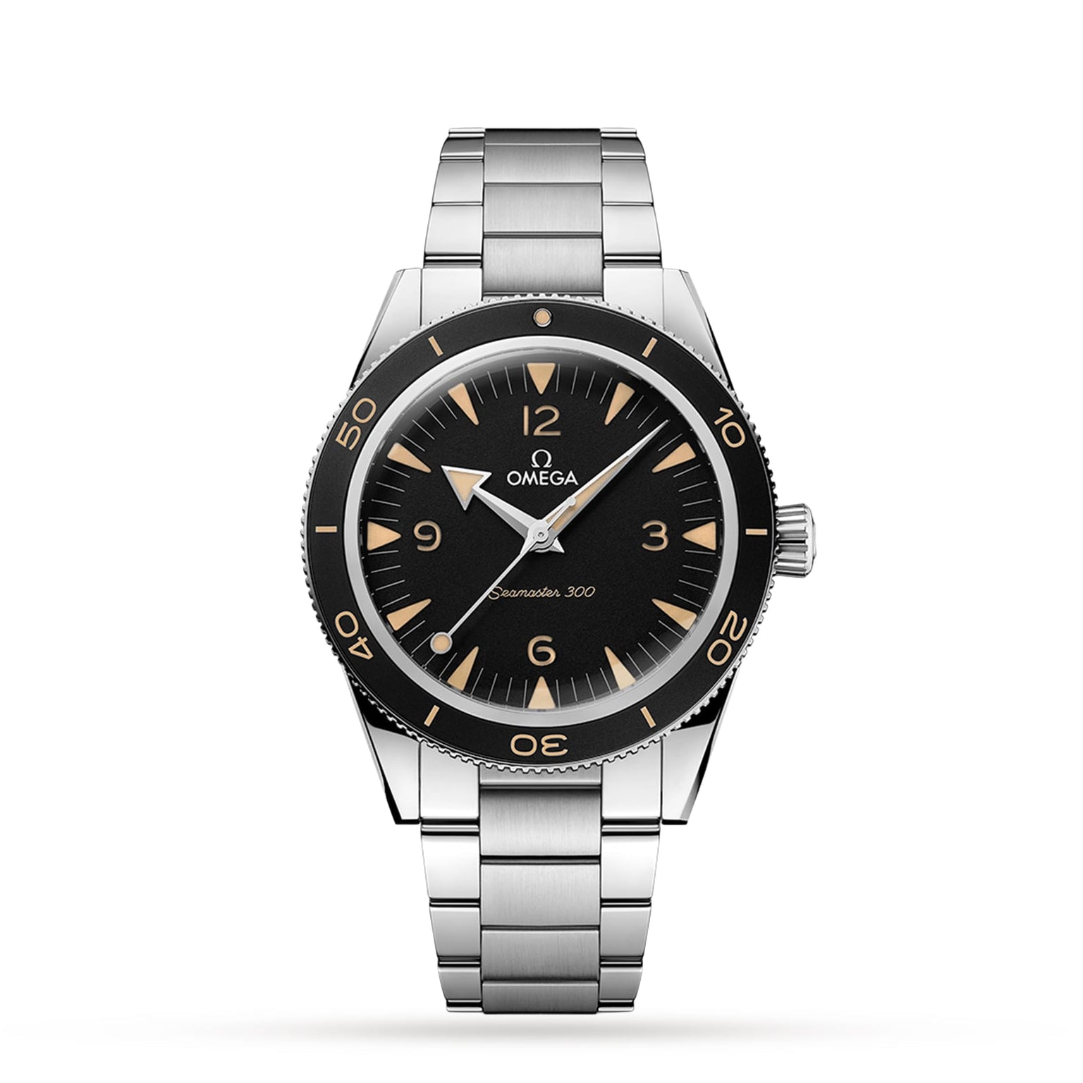 An OMEGA Seamaster 300 wristwatch with a stainless steel case, black dial, beige markers, silver hands, metal bracelet, and OMEGA Co-Axial Master Chronometer Calibre 8912 movement is displayed on a plain white background.