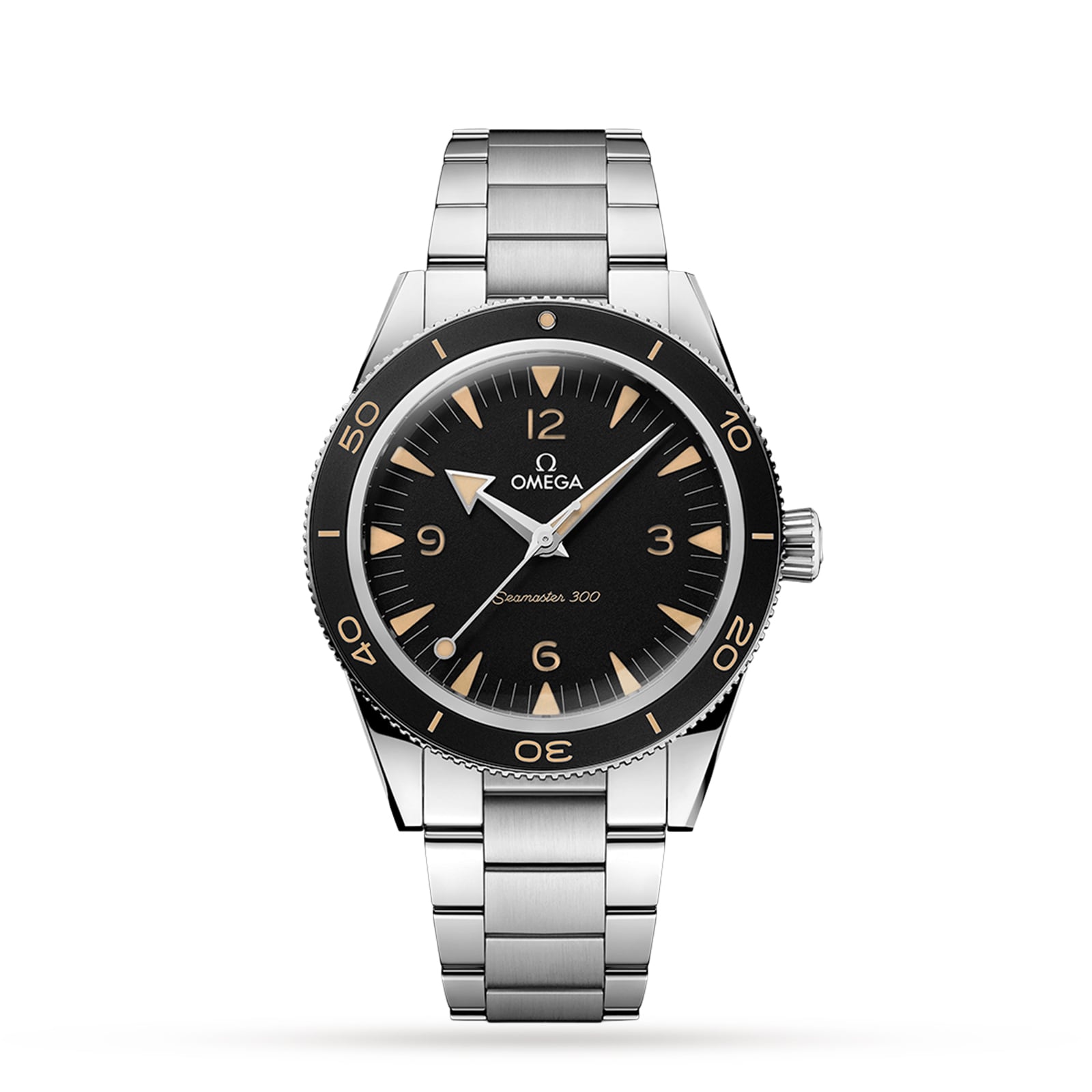 An OMEGA Seamaster 300 wristwatch with a stainless steel case, black dial, beige markers, silver hands, metal bracelet, and OMEGA Co-Axial Master Chronometer Calibre 8912 movement is displayed on a plain white background.
