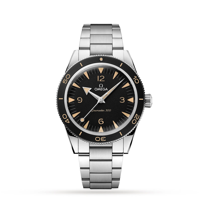 An OMEGA Seamaster 300 wristwatch with a stainless steel case, black dial, beige markers, silver hands, metal bracelet, and OMEGA Co-Axial Master Chronometer Calibre 8912 movement is displayed on a plain white background.