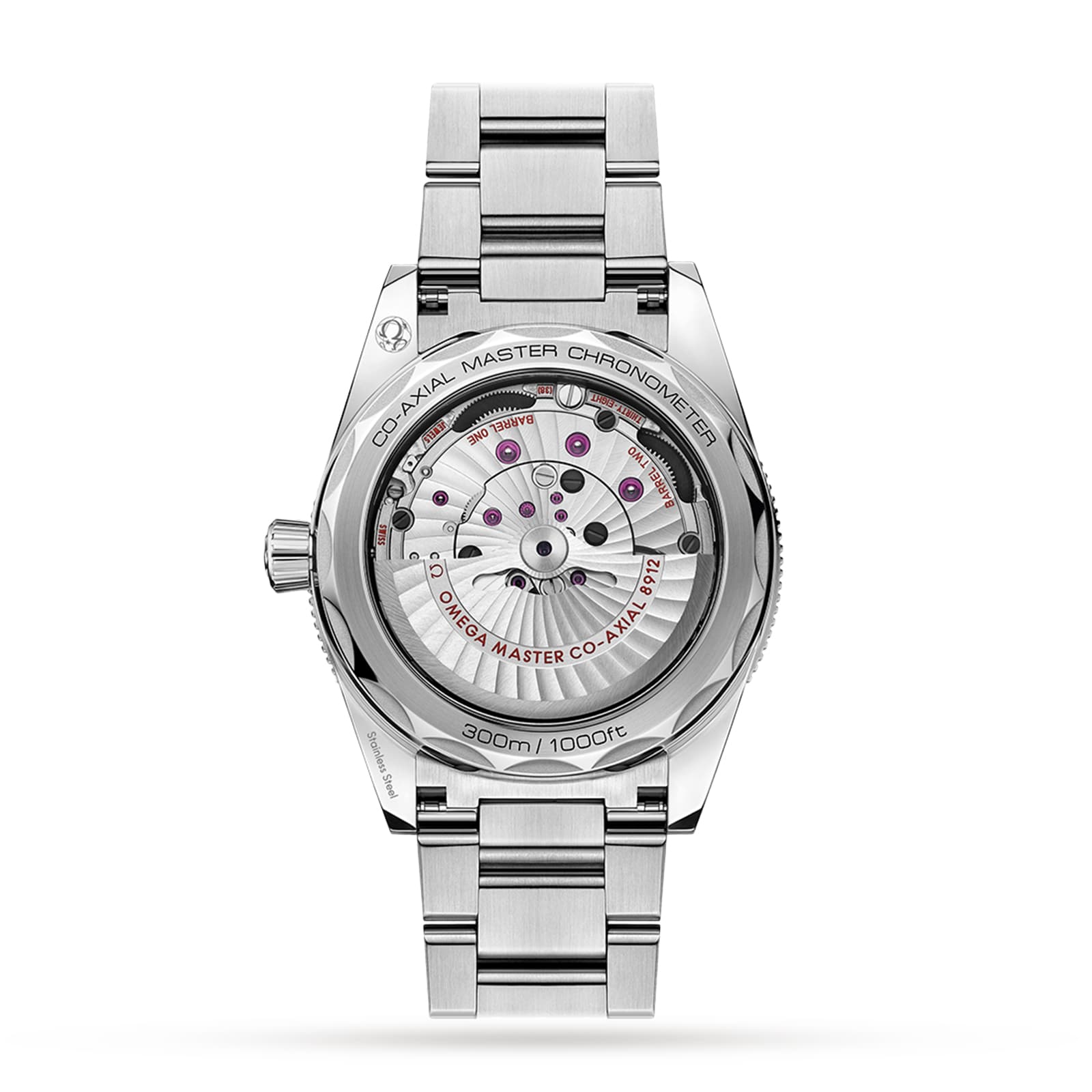 The back view of the OMEGA Seamaster 300 reveals its transparent case displaying the intricate Master Chronometer Calibre 8912 movement and elegant engraved details.