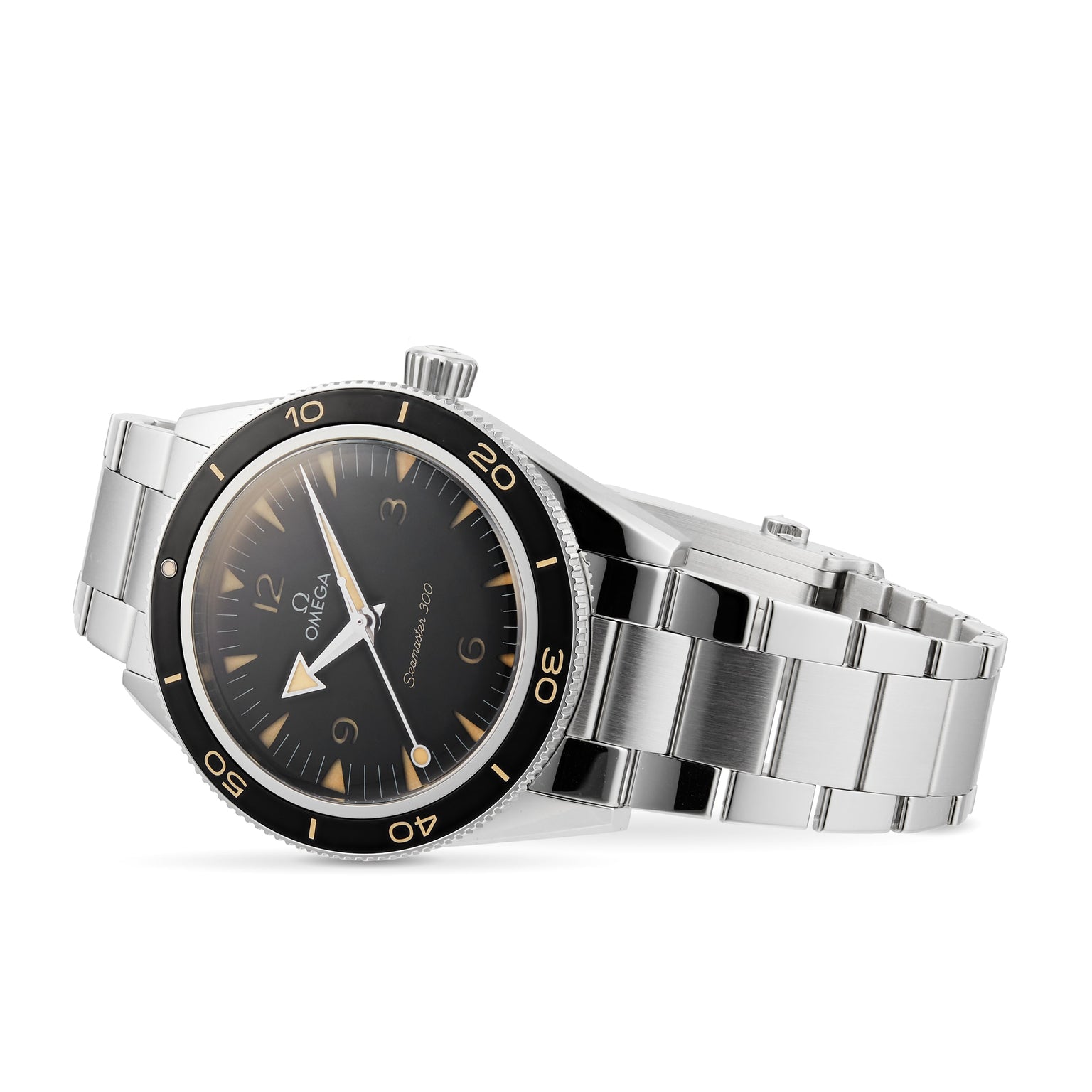 The OMEGA Seamaster 300 wristwatch is displayed at an angle on a white background, emphasizing its black rotating bezel, black dial, and stainless steel bracelet.