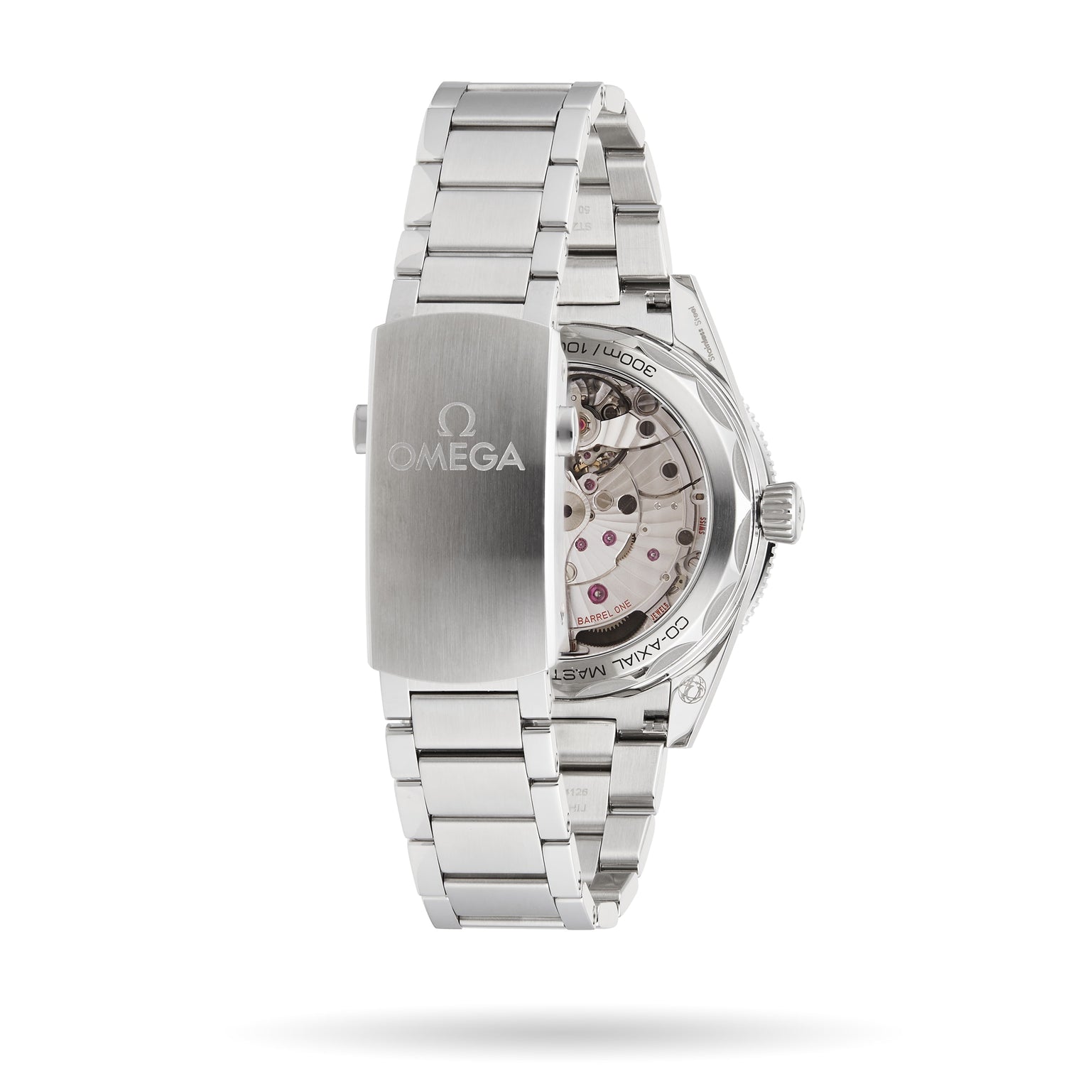 The OMEGA Seamaster 300 is a stainless steel dive watch featuring a transparent case back that reveals the mechanical movement, displayed with its clasp and bracelet facing forward.