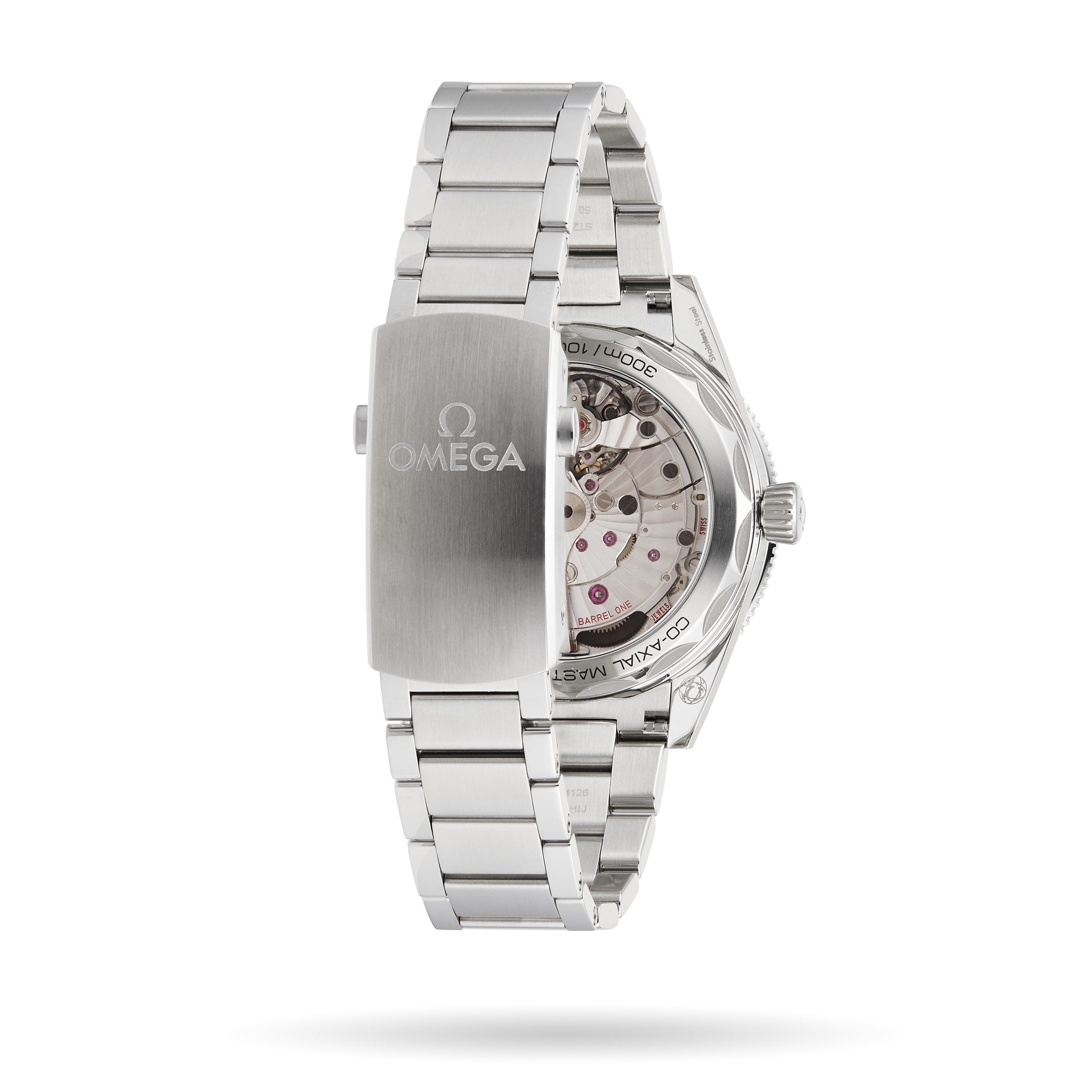 The OMEGA Seamaster 300 is a stainless steel dive watch featuring a transparent case back that reveals the mechanical movement, displayed with its clasp and bracelet facing forward.