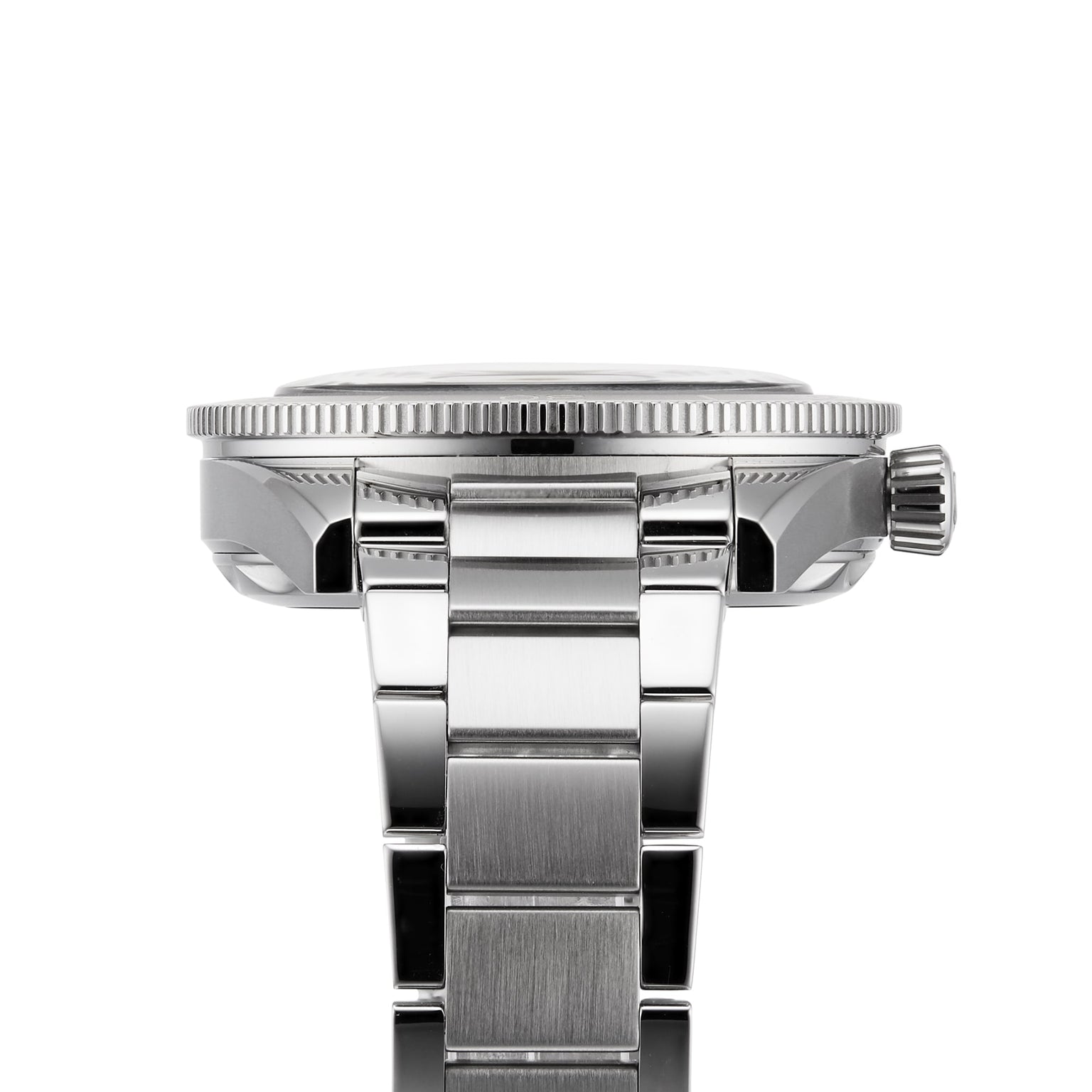 Side view of the OMEGA Seamaster 300 wristwatch with a stainless steel bracelet, highlighting the crown and case thickness against a white background.