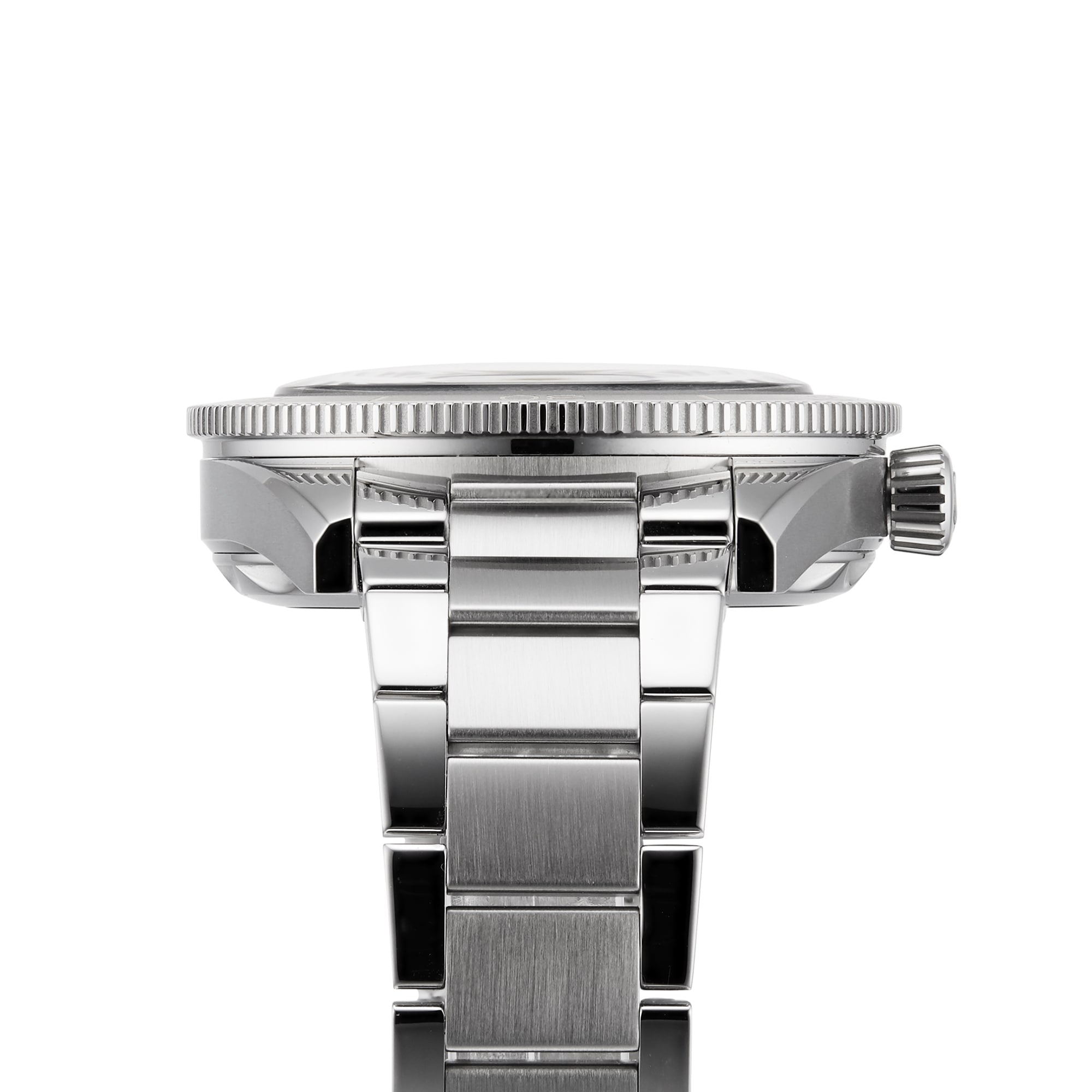 Side view of the OMEGA Seamaster 300 wristwatch with a stainless steel bracelet, highlighting the crown and case thickness against a white background.