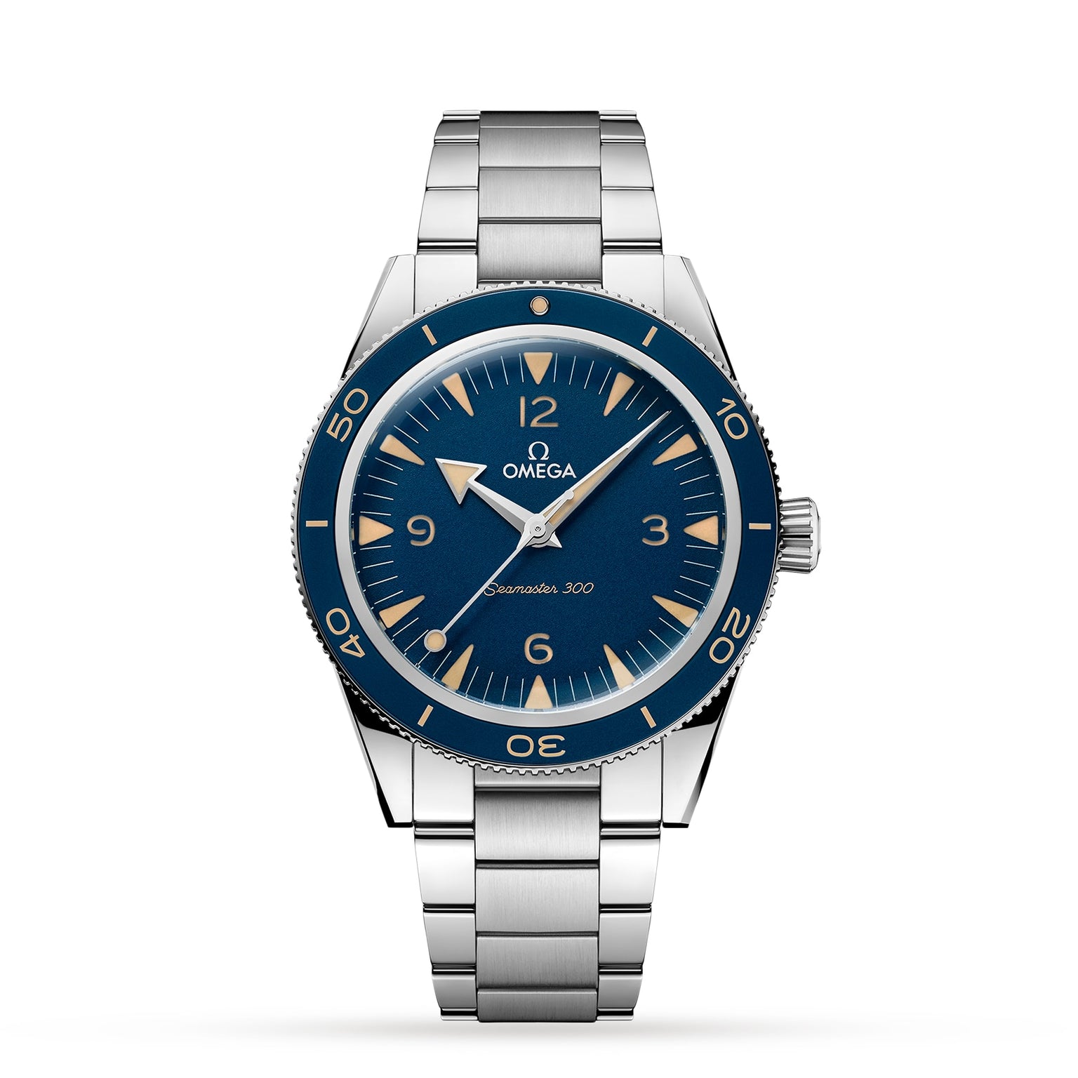 The OMEGA Seamaster 300 is a stainless steel dive watch featuring a blue dial, vintage-style markers, a matching blue rotating bezel, and is powered by the OMEGA Co-Axial Master Chronometer movement.