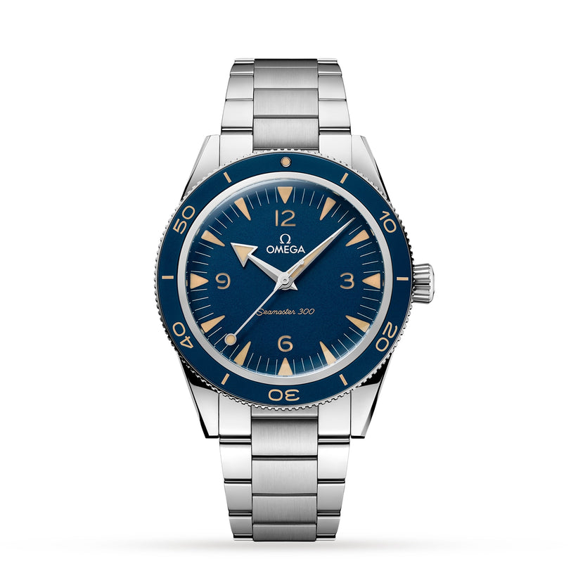 The OMEGA Seamaster 300 is a stainless steel dive watch featuring a blue dial, vintage-style markers, a matching blue rotating bezel, and is powered by the OMEGA Co-Axial Master Chronometer movement.