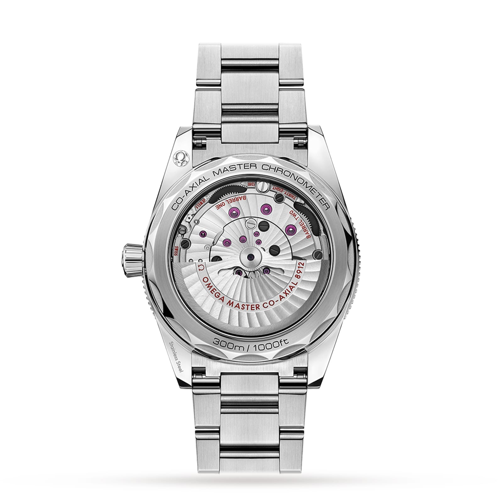 Back view of the OMEGA Seamaster 300 dive watch showcasing its stainless steel case, transparent caseback revealing the Co-Axial Master Chronometer movement, and engraved text along the edge.