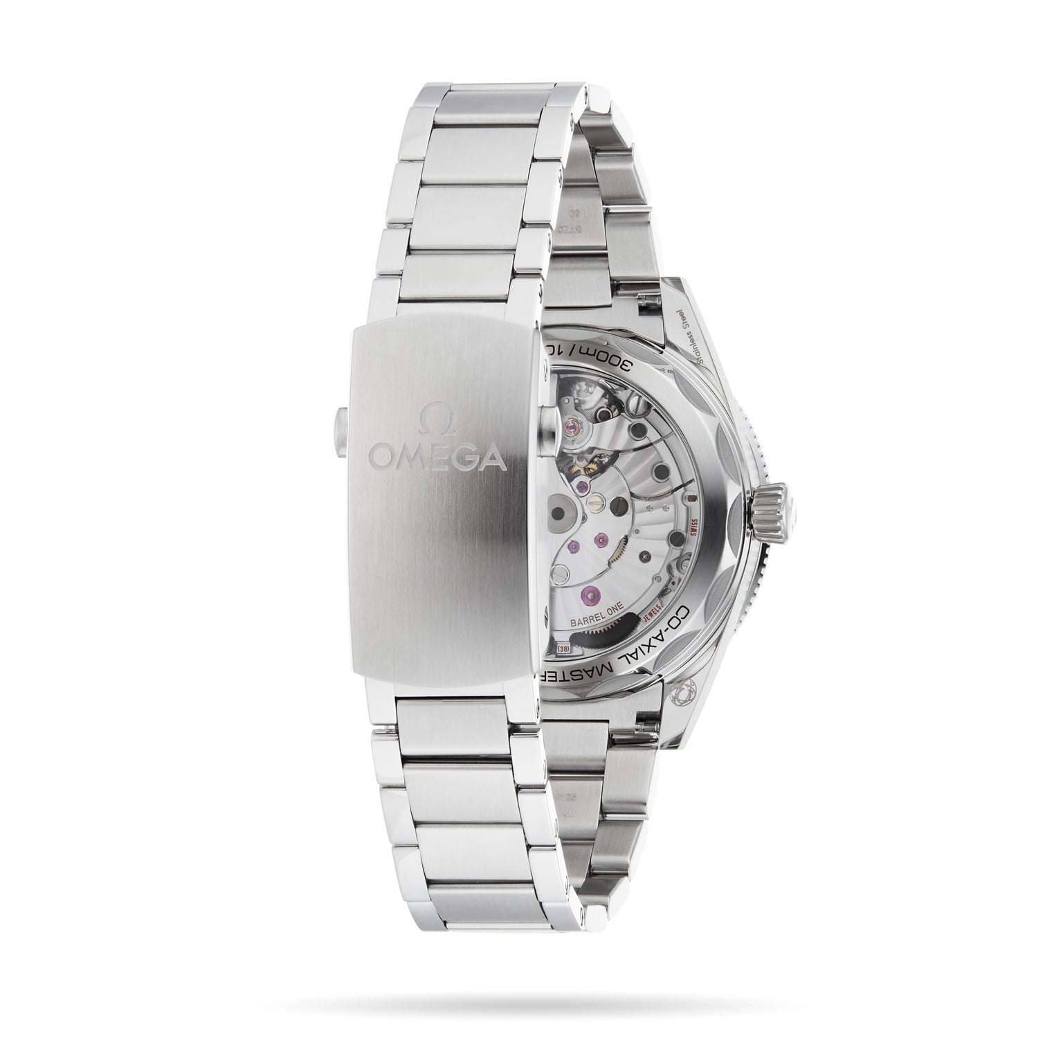 The OMEGA Seamaster 300 is a stainless steel dive watch with an open case back revealing its mechanical movement, featuring the Co-Axial Master Chronometer and a clasp engraved with the OMEGA logo.