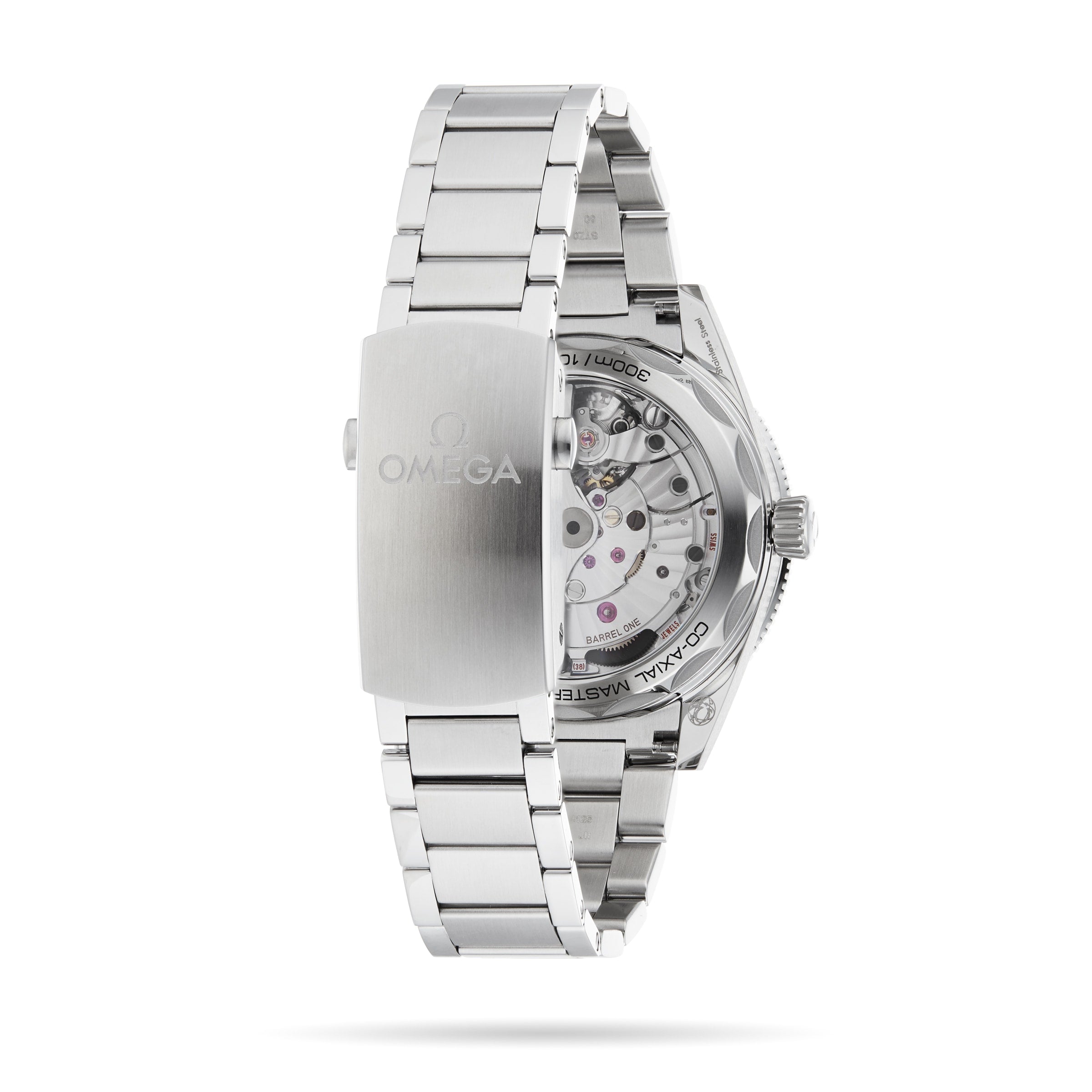 The OMEGA Seamaster 300 is a stainless steel dive watch with an open case back revealing its mechanical movement, featuring the Co-Axial Master Chronometer and a clasp engraved with the OMEGA logo.