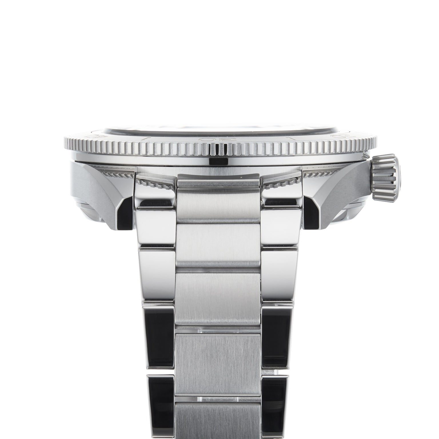 Side view of an OMEGA Seamaster 300 dive watch with a stainless steel bracelet and knurled crown, showcasing the OMEGA Co-Axial Master Chronometer movement, photographed against a white background.