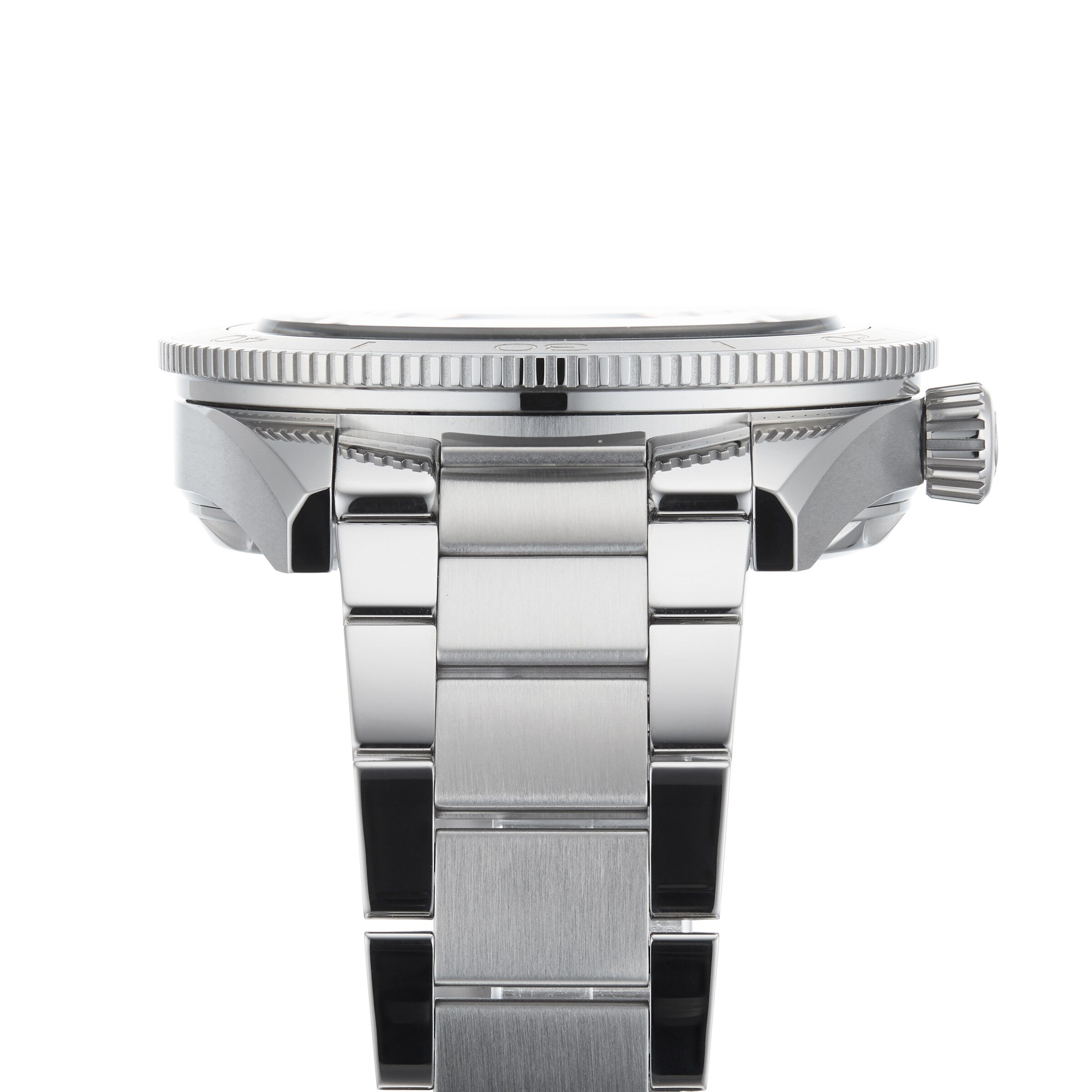 Side view of an OMEGA Seamaster 300 dive watch with a stainless steel bracelet and knurled crown, showcasing the OMEGA Co-Axial Master Chronometer movement, photographed against a white background.