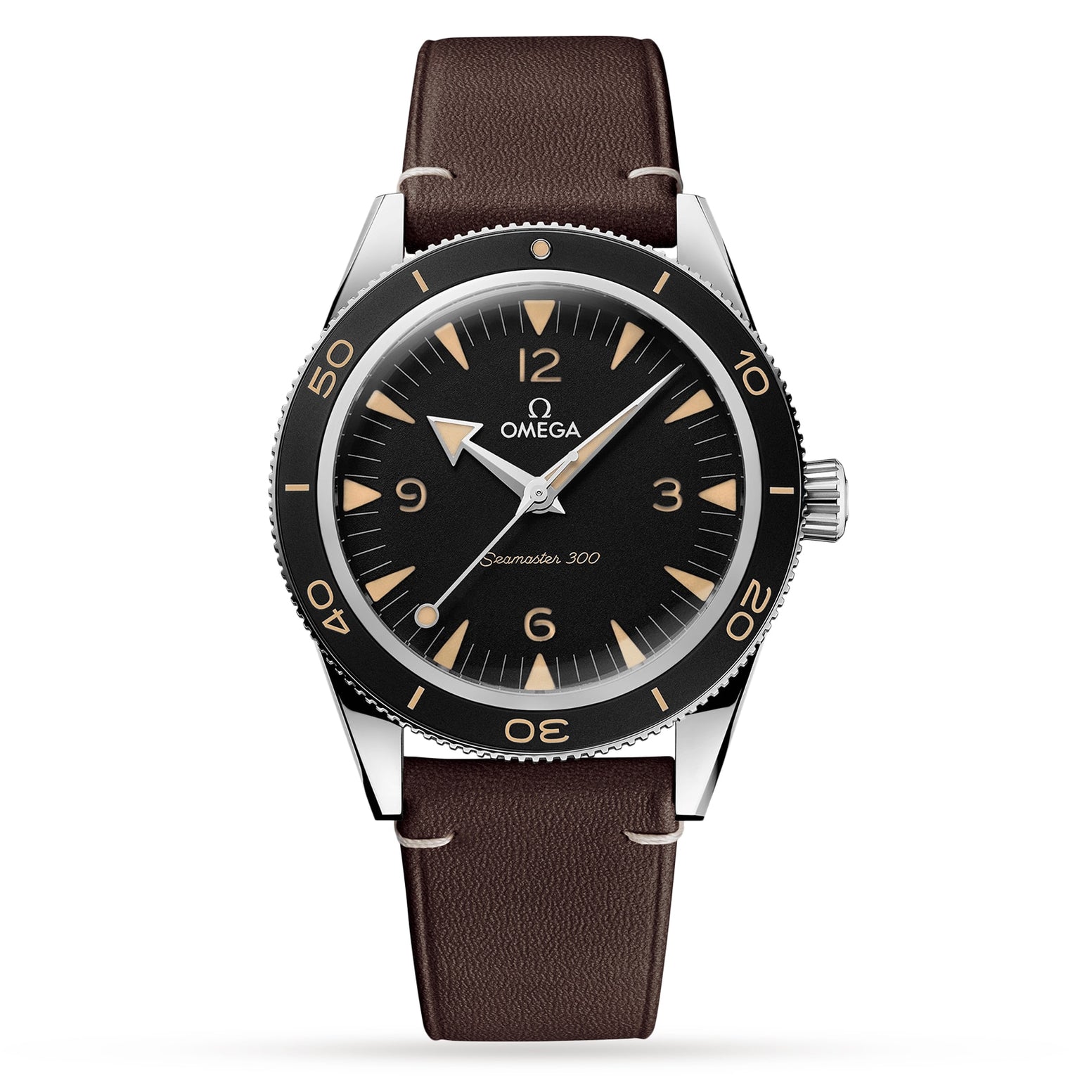 The OMEGA Seamaster 300 features a black dial with vintage-style hour markers, a brown leather strap, and is powered by the Co-Axial Master Chronometer Calibre 8912 movement.