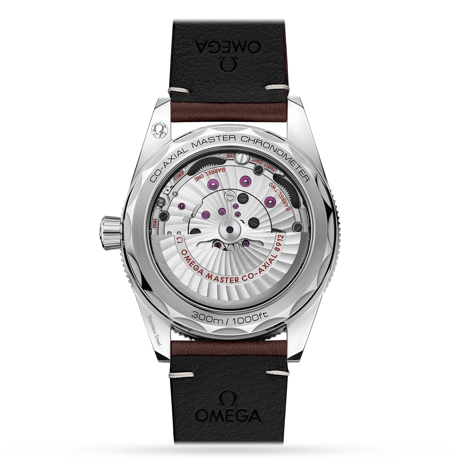 Back view of the OMEGA Seamaster 300, showcasing its movement through a transparent caseback that displays “Co-Axial Master Chronometer” and water resistance details.