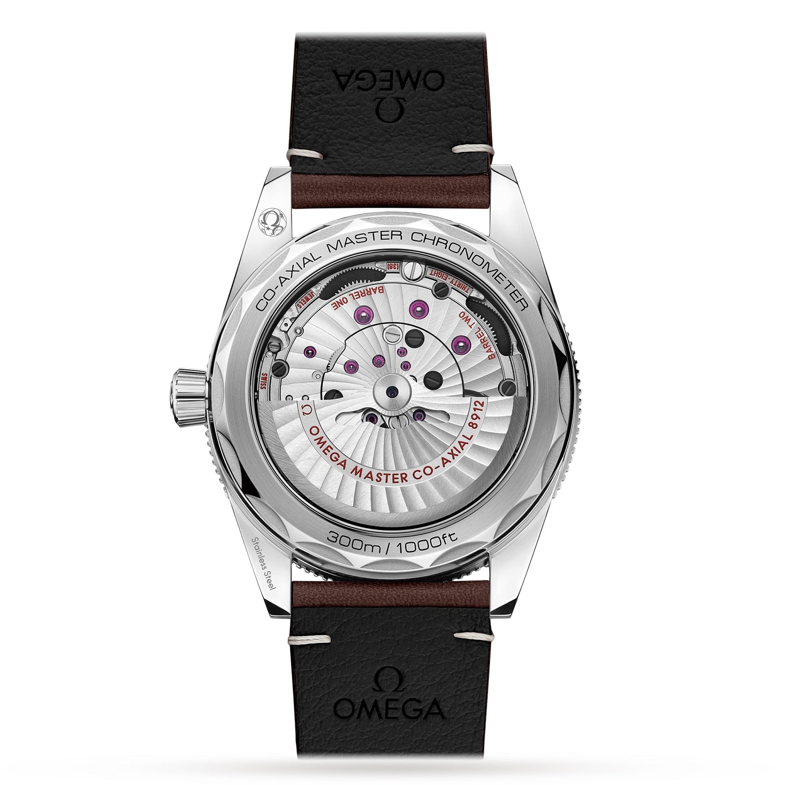 Back view of the OMEGA Seamaster 300, showcasing its movement through a transparent caseback that displays “Co-Axial Master Chronometer” and water resistance details.