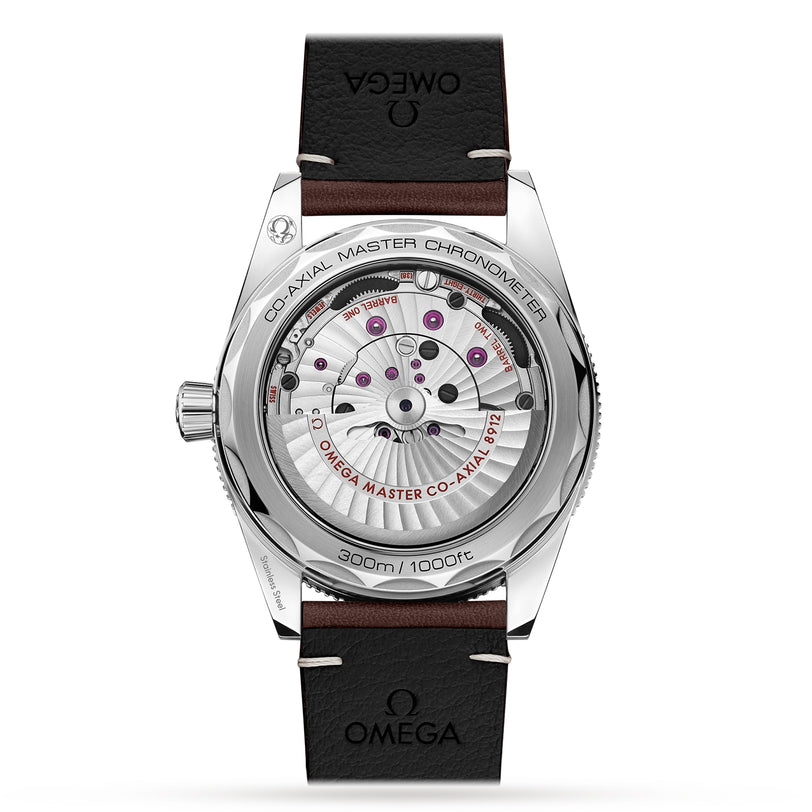 Back view of the OMEGA Seamaster 300, showcasing its movement through a transparent caseback that displays “Co-Axial Master Chronometer” and water resistance details.