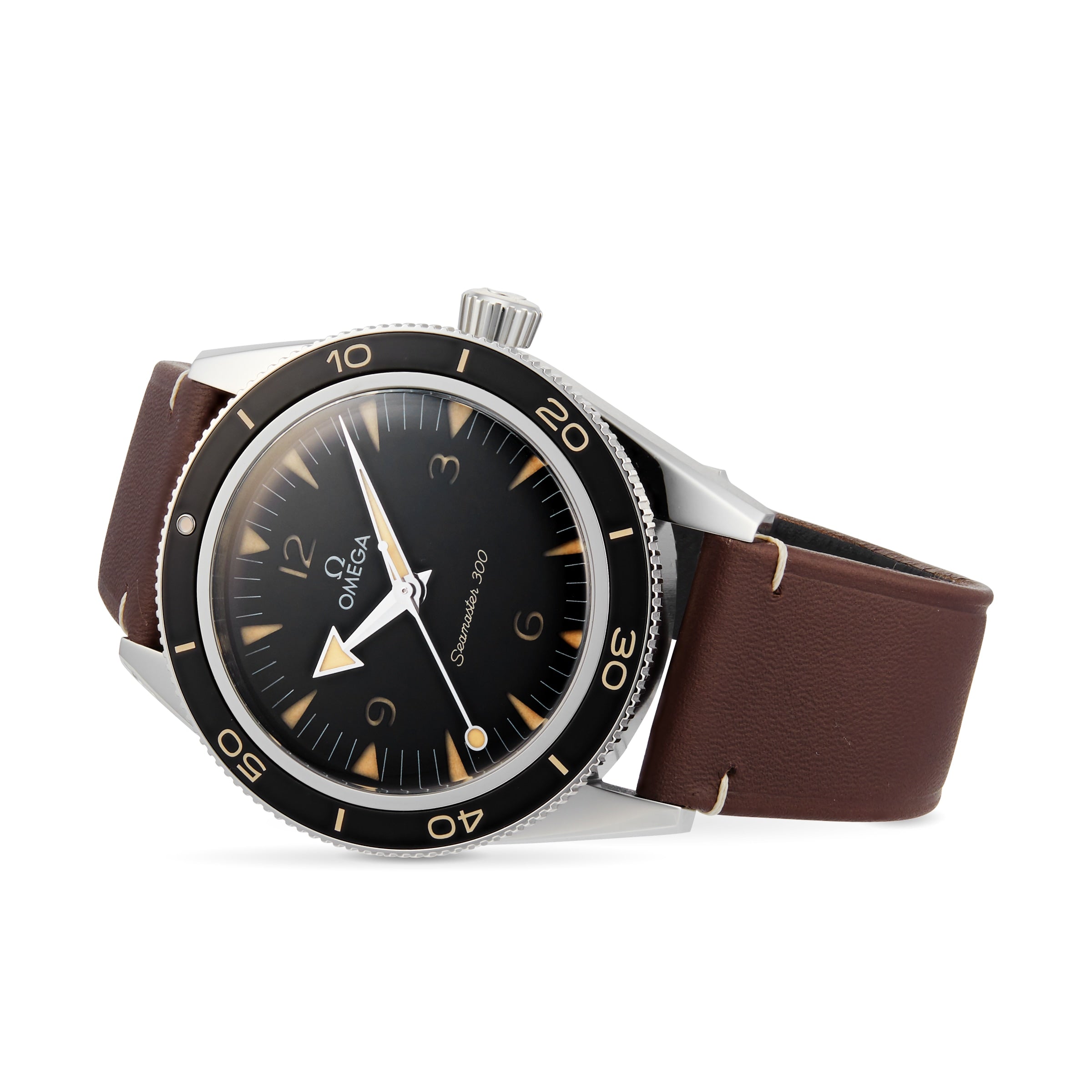 The OMEGA Seamaster 300 features a black dial, silver case, brown leather strap, and black bezel, powered by the precise Calibre 8912 movement.