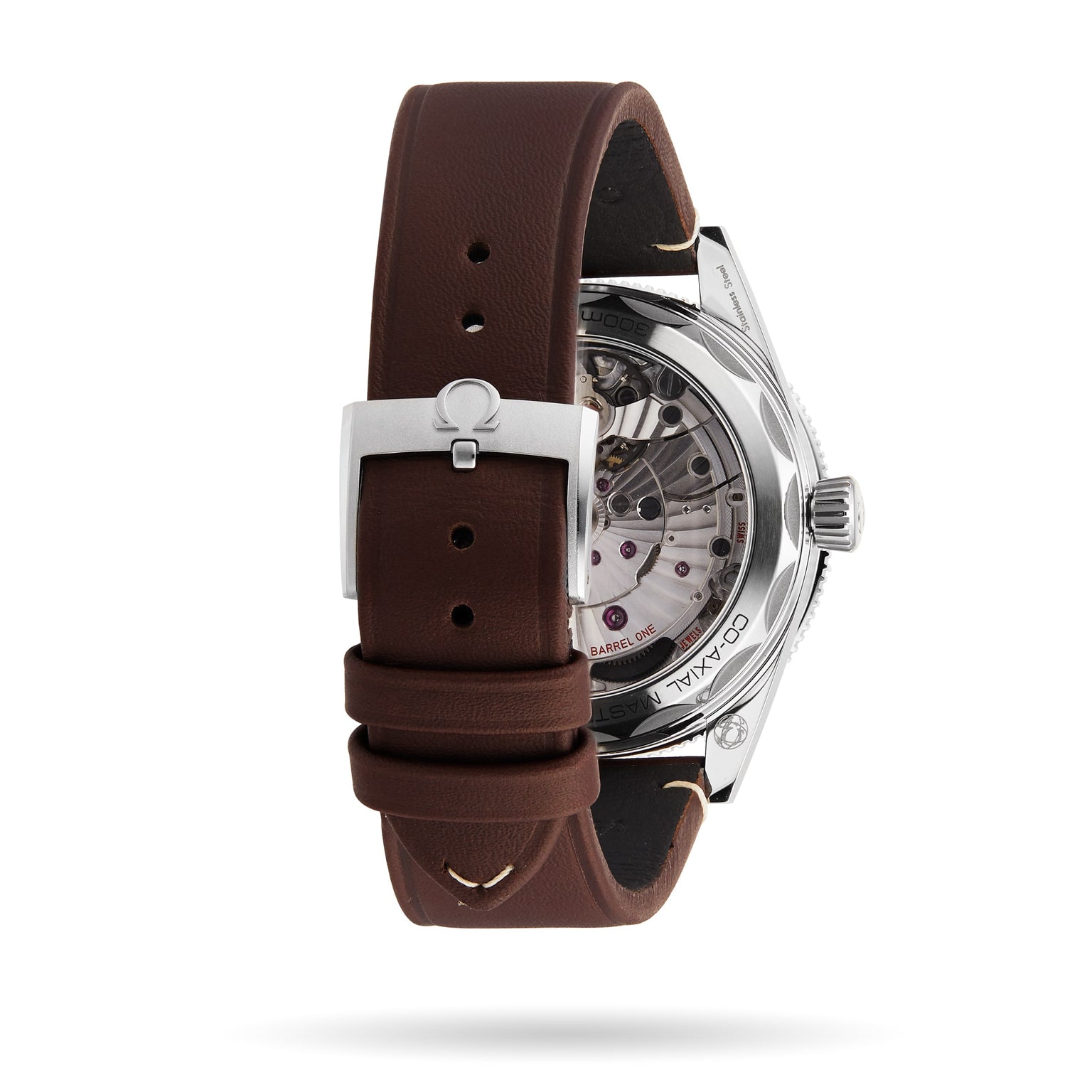 A close-up of the OMEGA Seamaster 300 wristwatch with a brown leather strap, featuring a stainless steel buckle and a transparent case back that reveals the Master Chronometer Calibre 8912 movement.