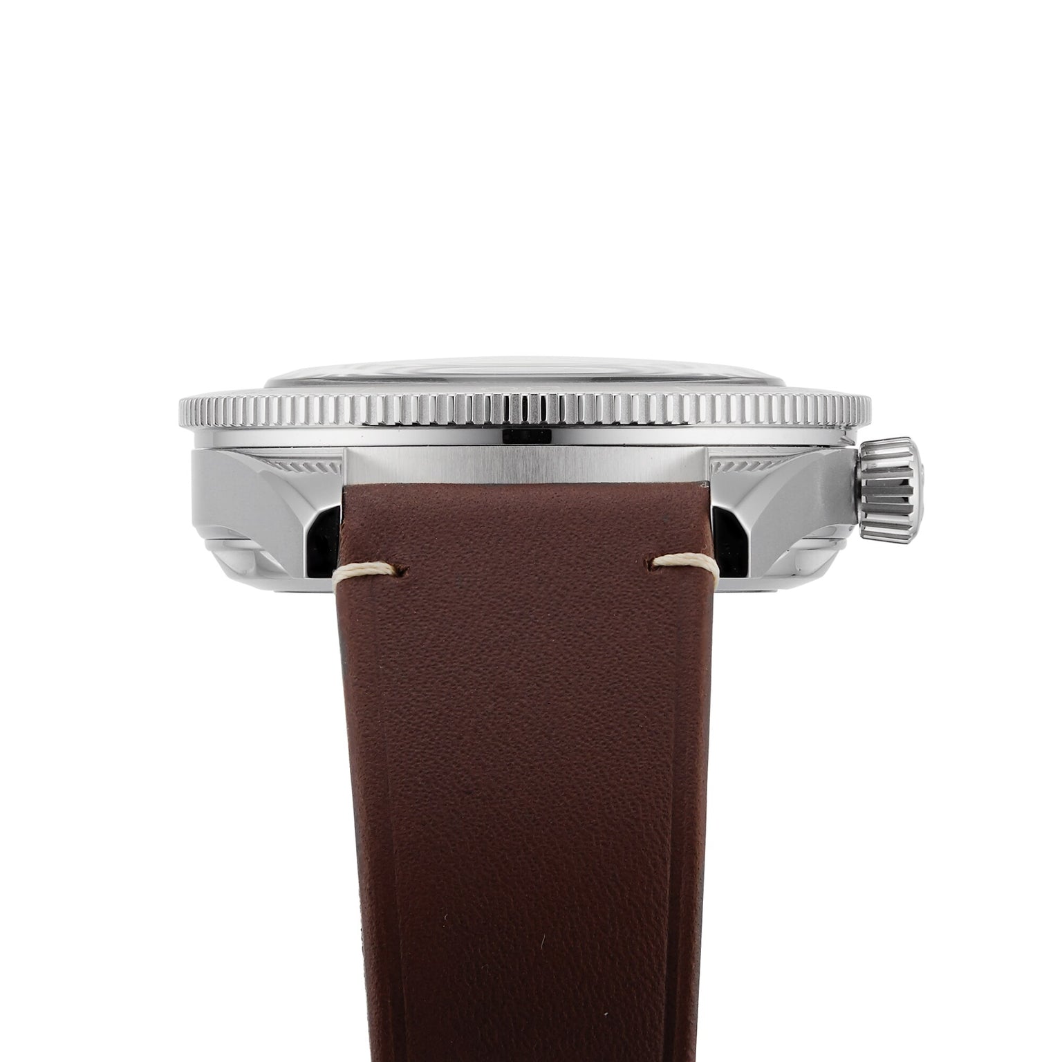 Side view of a silver OMEGA Seamaster 300 wristwatch with a ridged bezel and brown leather strap, highlighting the crown and case details.