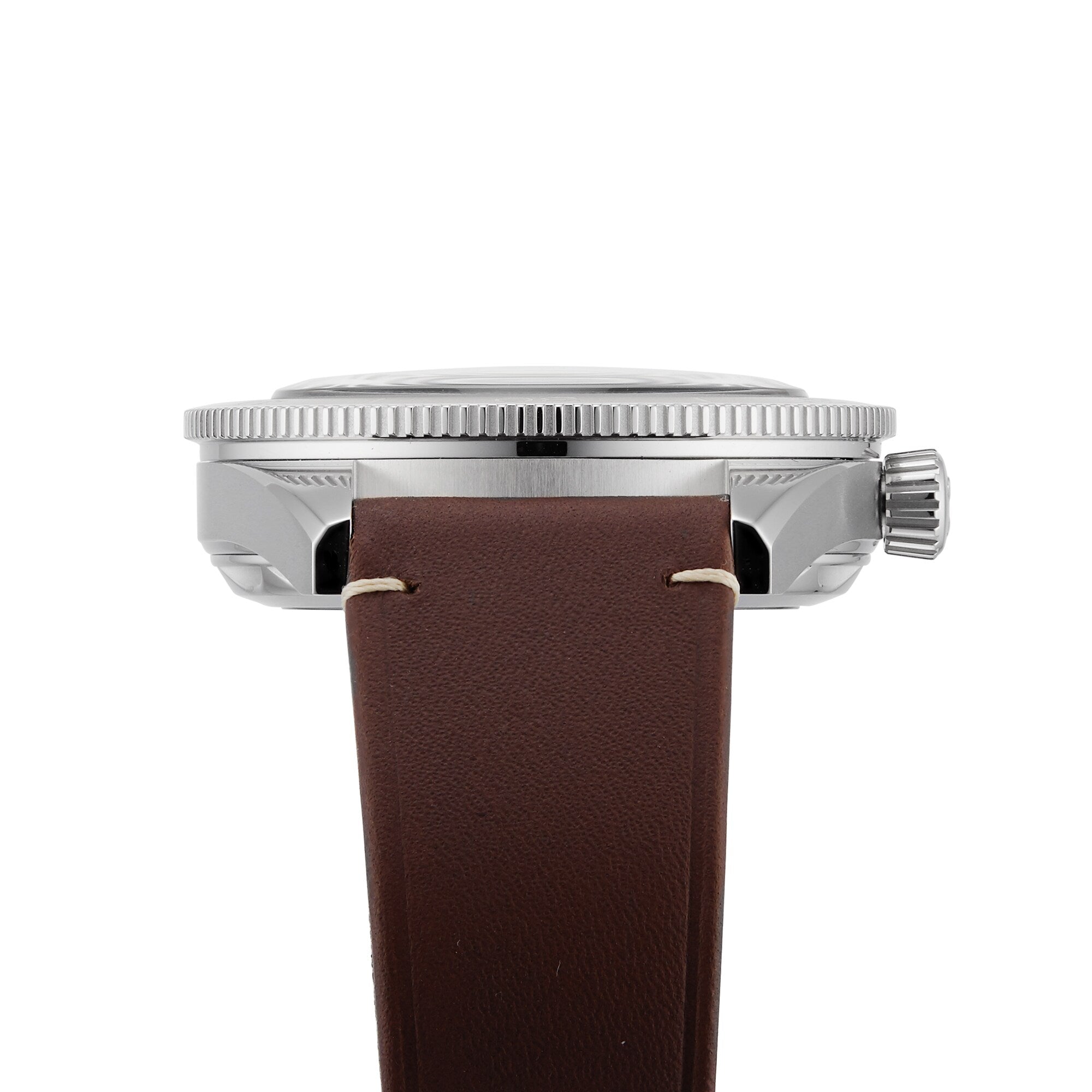 Side view of a silver OMEGA Seamaster 300 wristwatch with a ridged bezel and brown leather strap, highlighting the crown and case details.