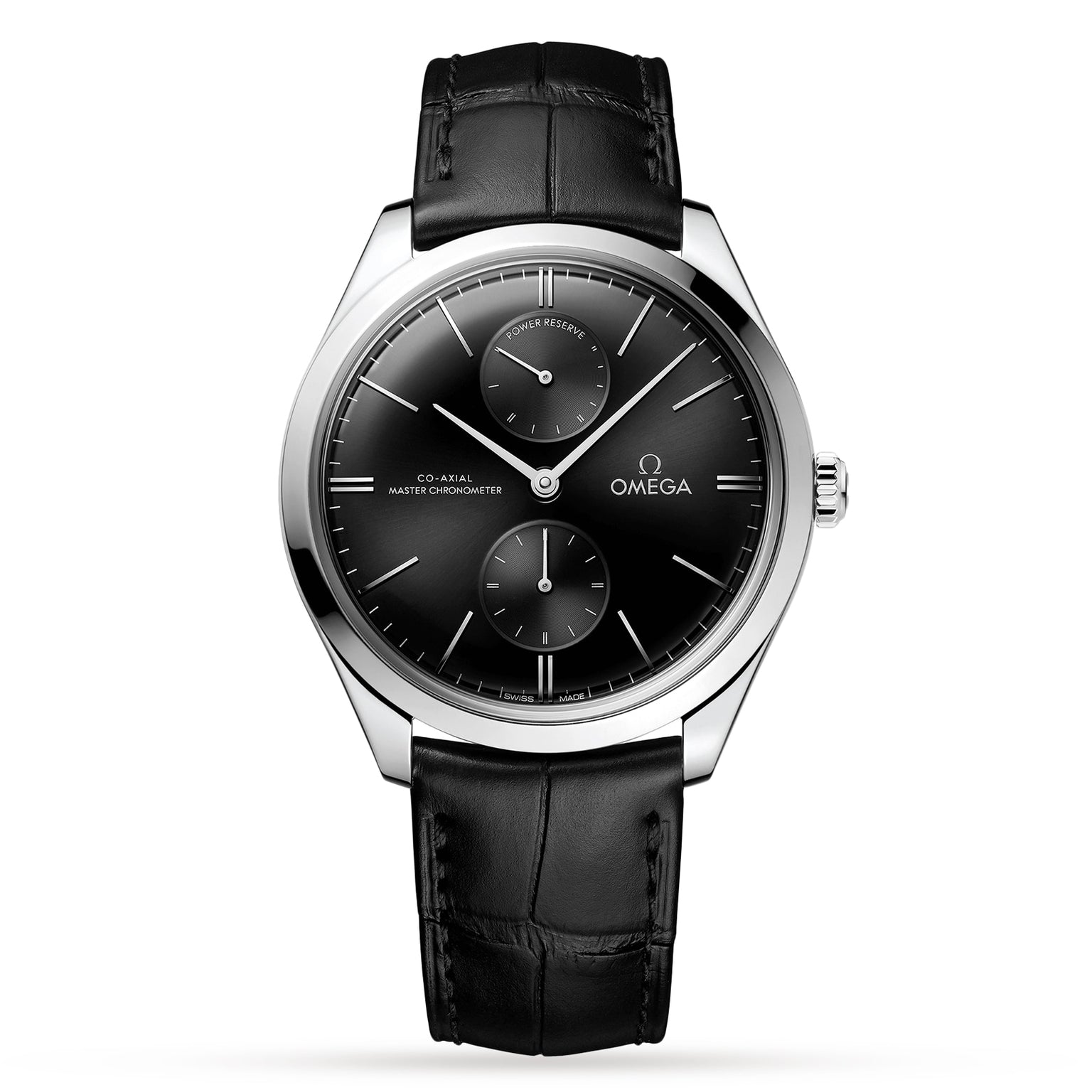 A black OMEGA De Ville Trésor wristwatch with a minimalistic 40mm stainless steel case, two subdials, black leather strap, and Co-Axial Master Chronometer movement is displayed on a white background.