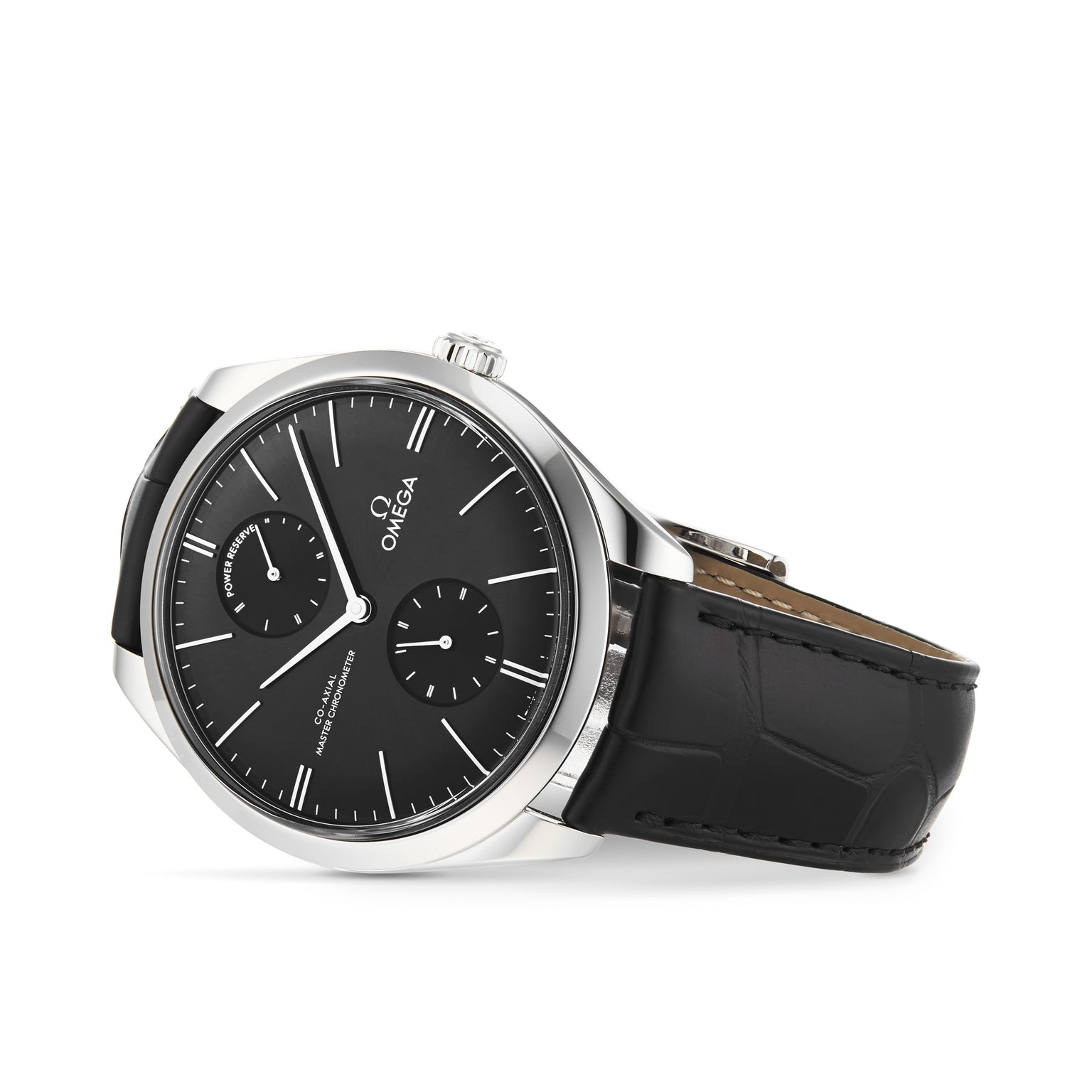 An OMEGA De Ville Trésor wristwatch with a 40mm stainless steel case, black leather strap, and black dial featuring two subdials, displayed at an angle on a white background.