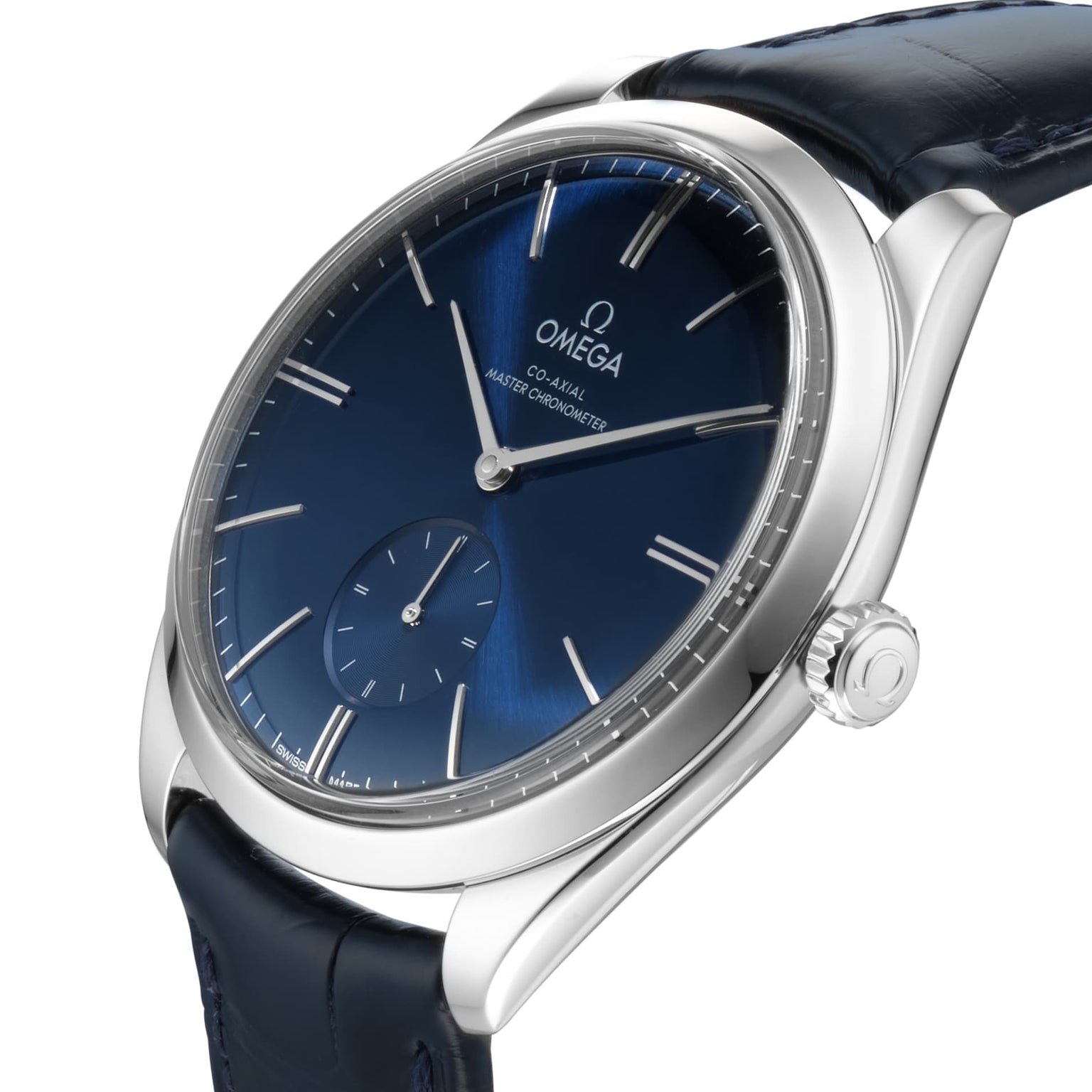 A close-up of the OMEGA De Ville Trésor wristwatch with a blue dial, silver hour markers, sub-dial at 6 o’clock, and a blue leather strap.