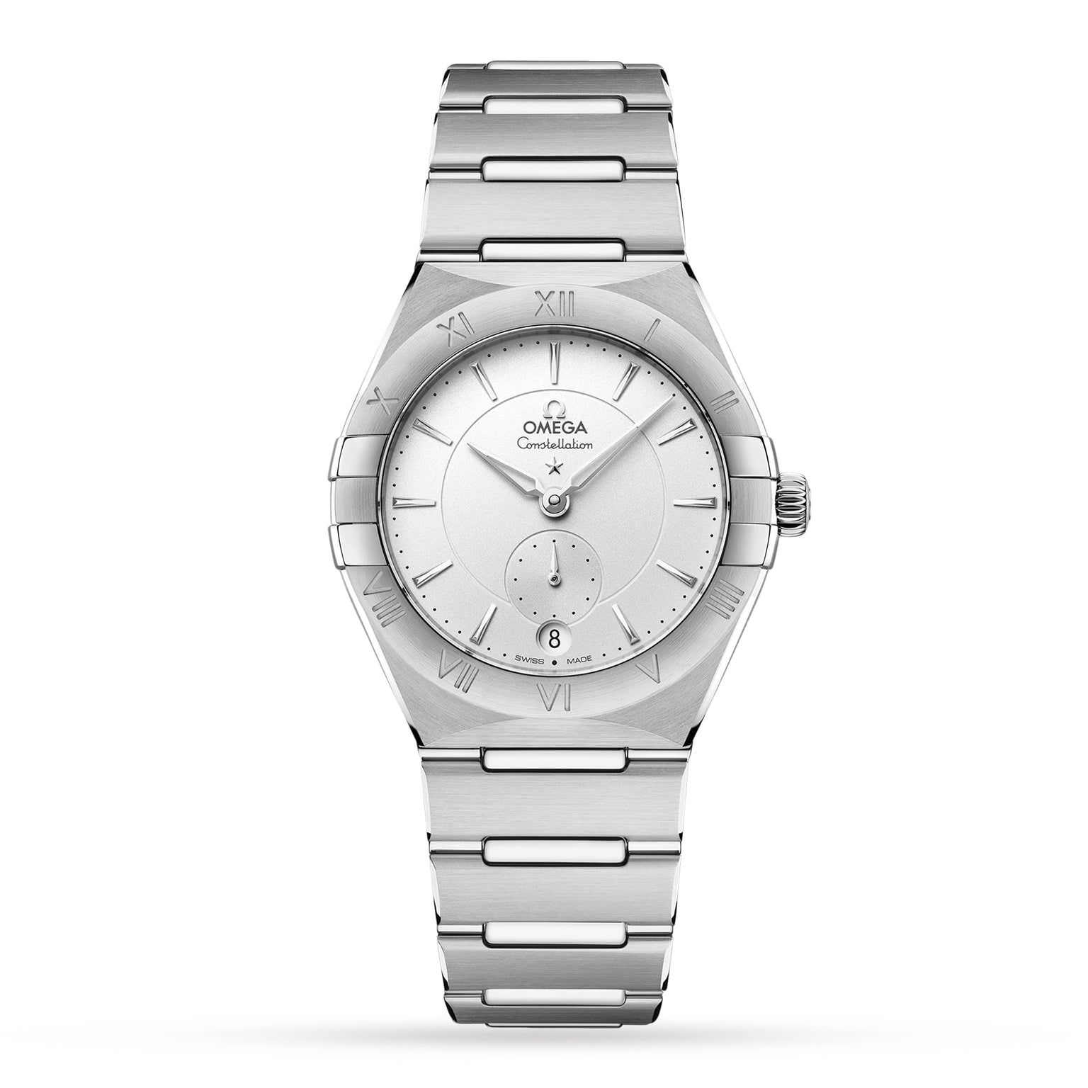 The OMEGA Constellation features a stainless steel case, silver dial with Roman numeral markers, Co-Axial Master Chronometer movement, date window at 6 o’clock, and a steel link bracelet.