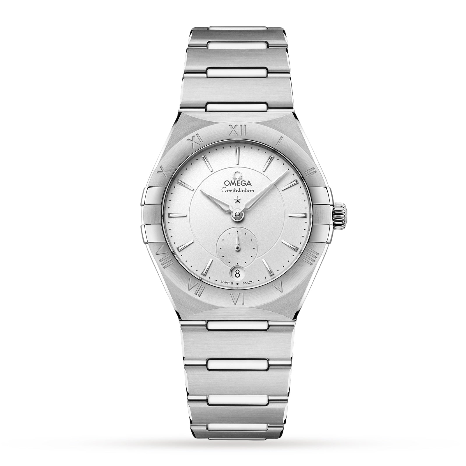 The OMEGA Constellation features a stainless steel case, silver dial with Roman numeral markers, Co-Axial Master Chronometer movement, date window at 6 o’clock, and a steel link bracelet.
