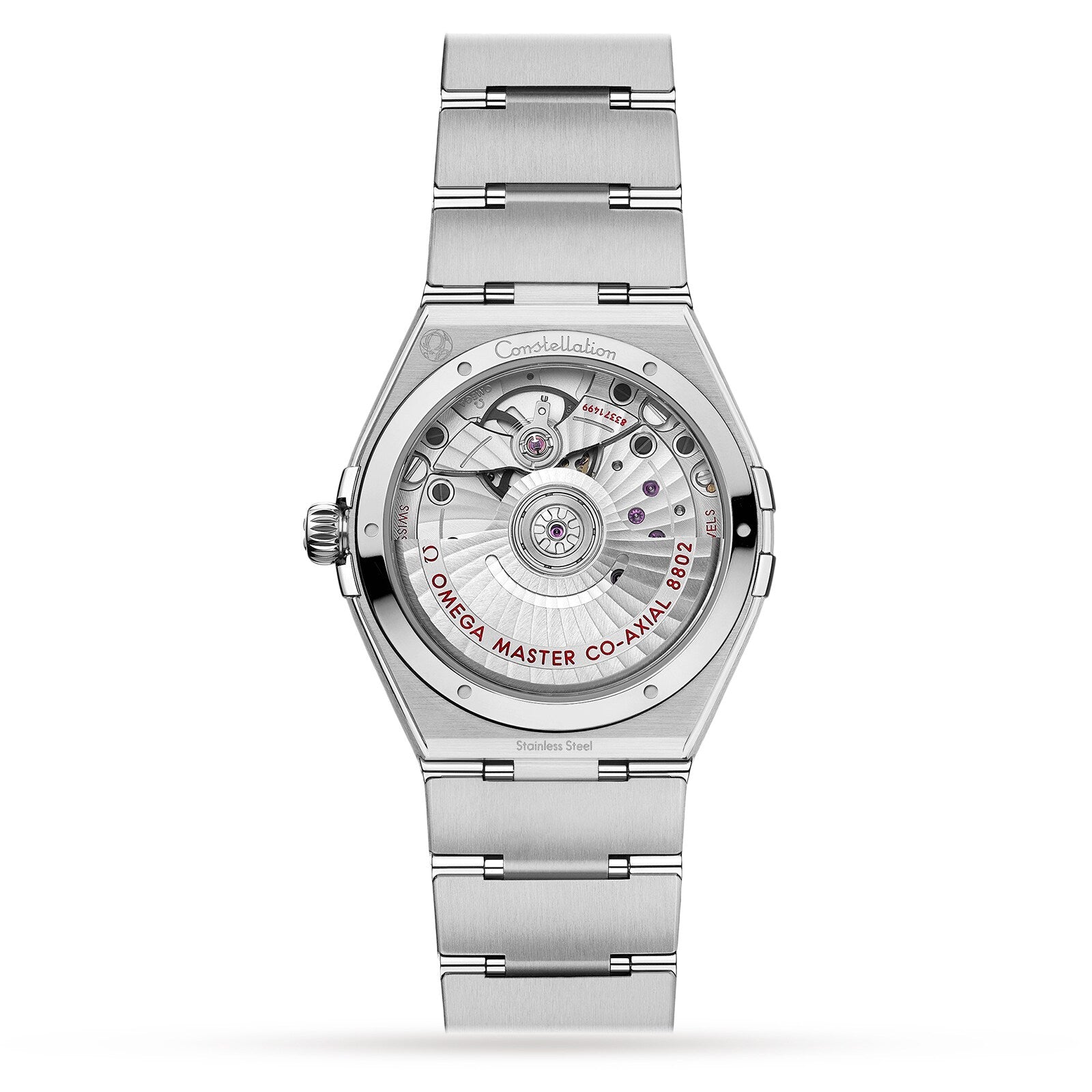 Back view of the OMEGA Constellation stainless steel watch displaying its exposed mechanical movement and Co-Axial Master Chronometer 8902 engraving.