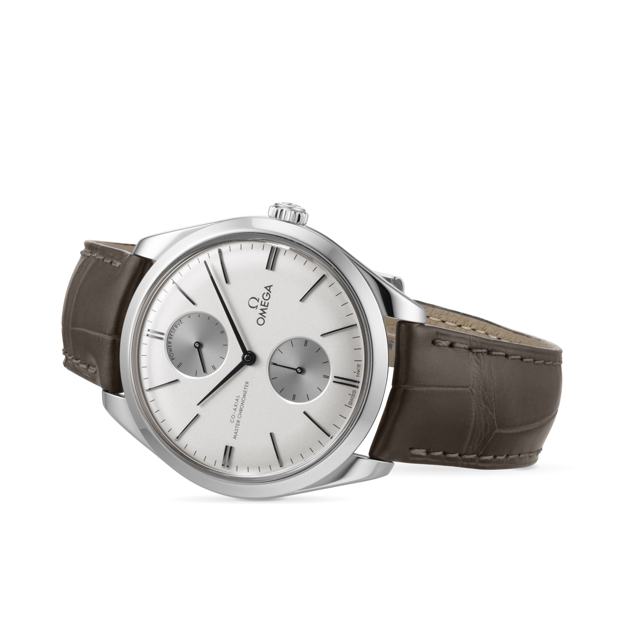 An OMEGA De Ville Trésor wristwatch with a silver dial, two subdials, black hour markers, and a brown leather strap, shown at an angle.