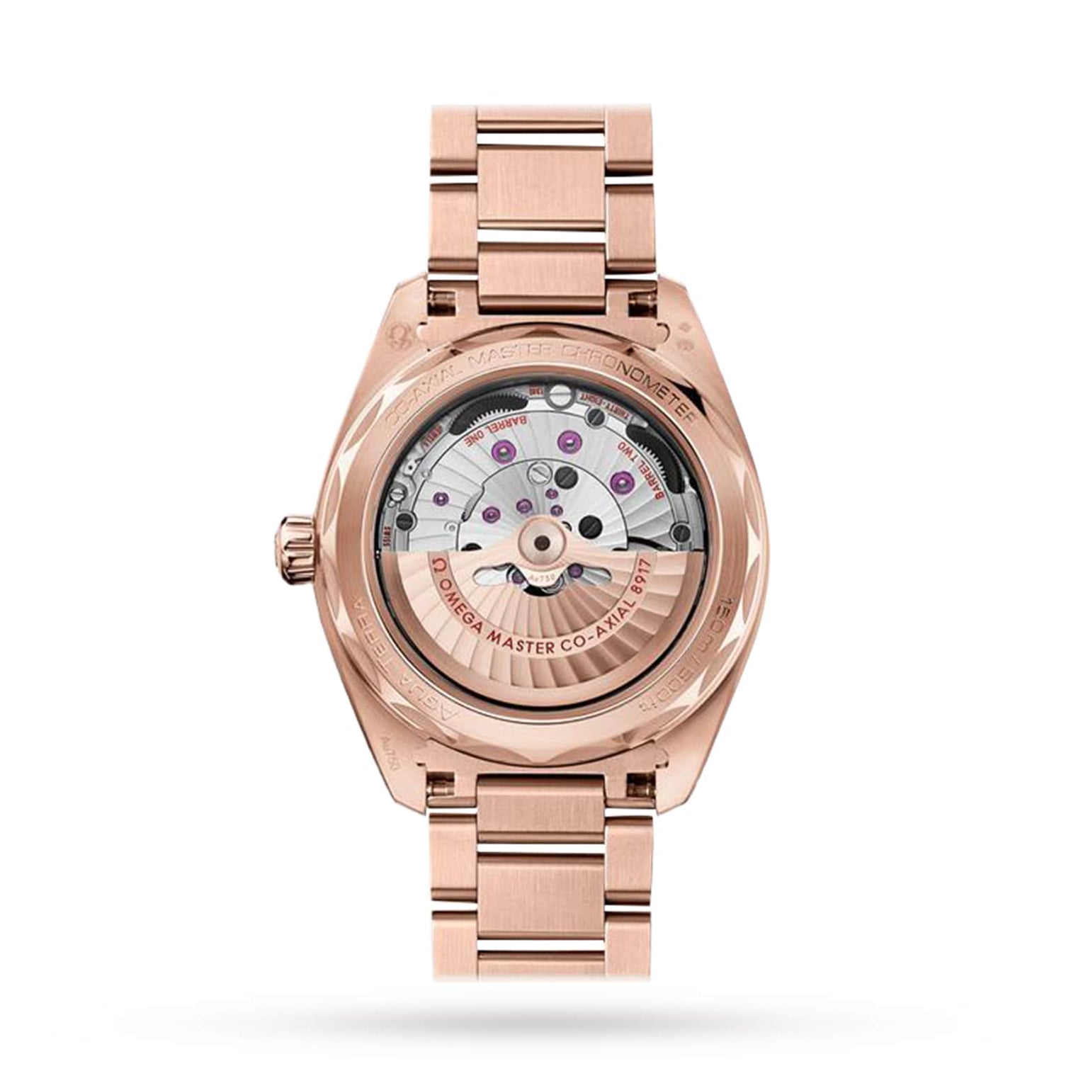 The OMEGA Seamaster Aqua Terra 150M in 18K Sedna™ gold features a transparent caseback showcasing its Co-Axial Master Chronometer calibre 8917 automatic movement.