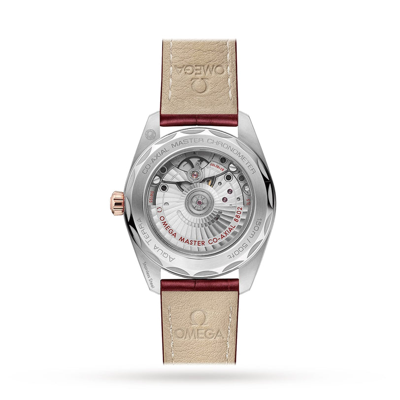 Back view of the OMEGA Seamaster Aqua Terra 150M with a beige strap, featuring an exposed mechanical movement and engraved details.