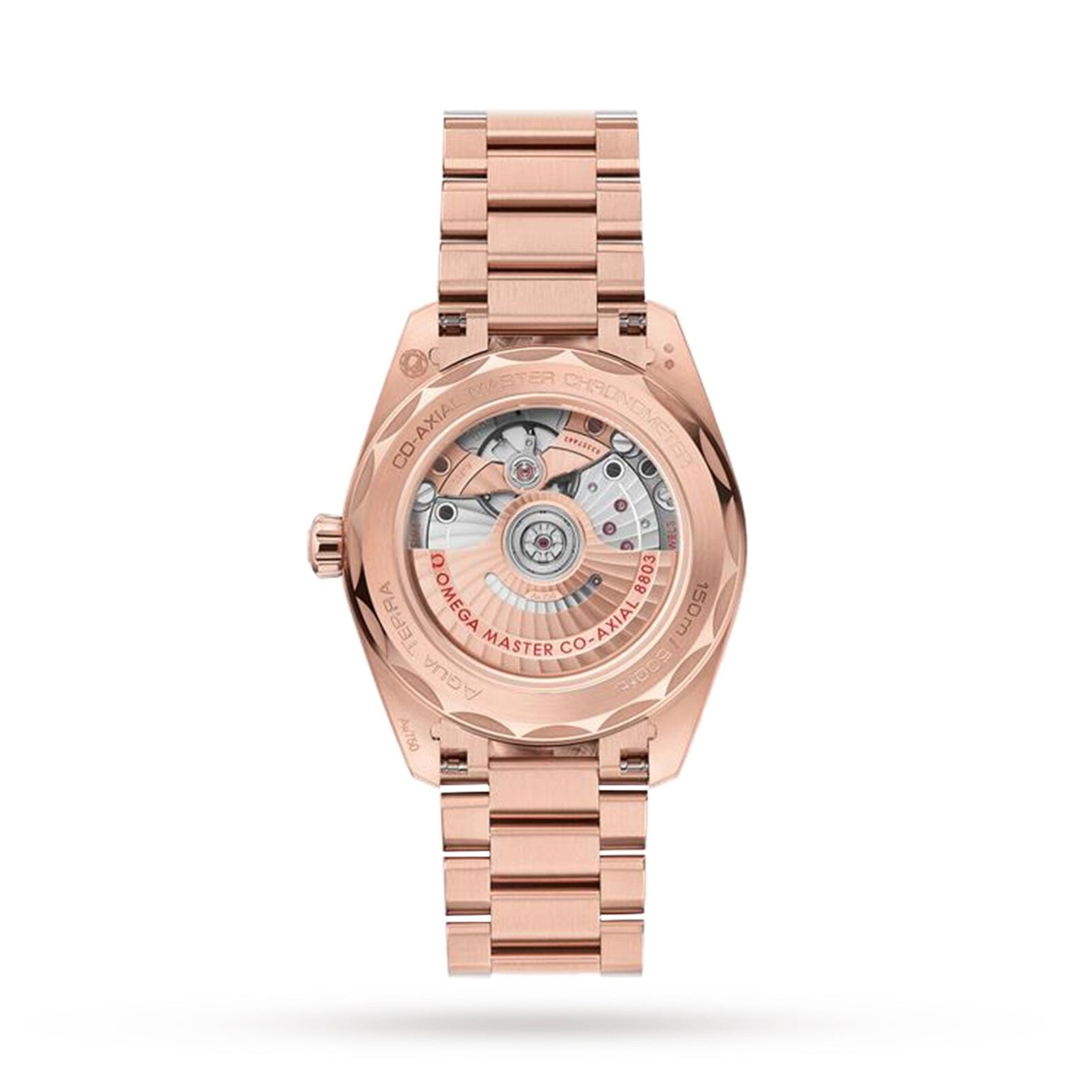 Rear view of the OMEGA Seamaster Aqua Terra 150M in 18K Sedna gold, highlighting its exposed automatic Co-Axial Master Chronometer calibre 8803 and engraved case details.